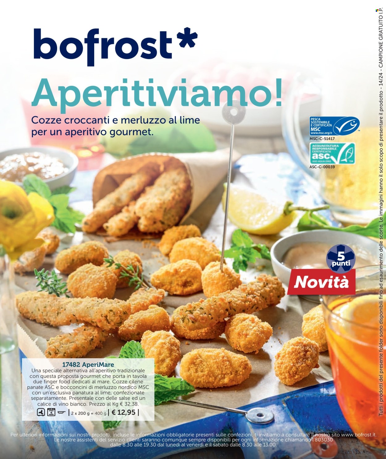 thumbnail - Volantino Bofrost - 2/4/2024 - 29/6/2024 - Prodotti in offerta - bocconcini, cozze, merluzzo, cozze cilene, bevanda alcolica, aperitivo. Pagina 12.