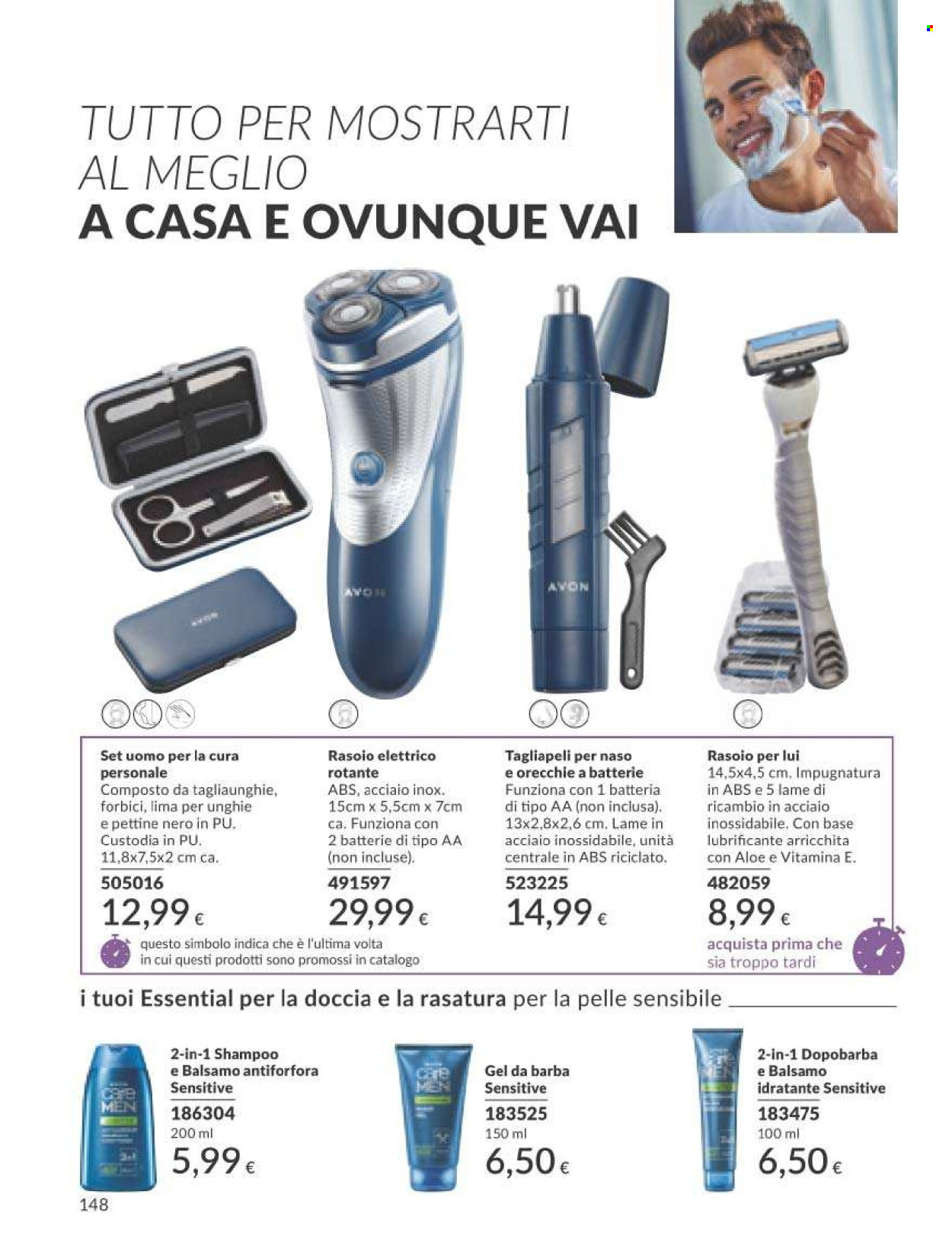 thumbnail - Volantino Avon - 1/4/2024 - 30/4/2024 - Prodotti in offerta - shampoo, pettine, rasoio, lubrificante, tagliaunghie, rasoio elettrico. Pagina 148.