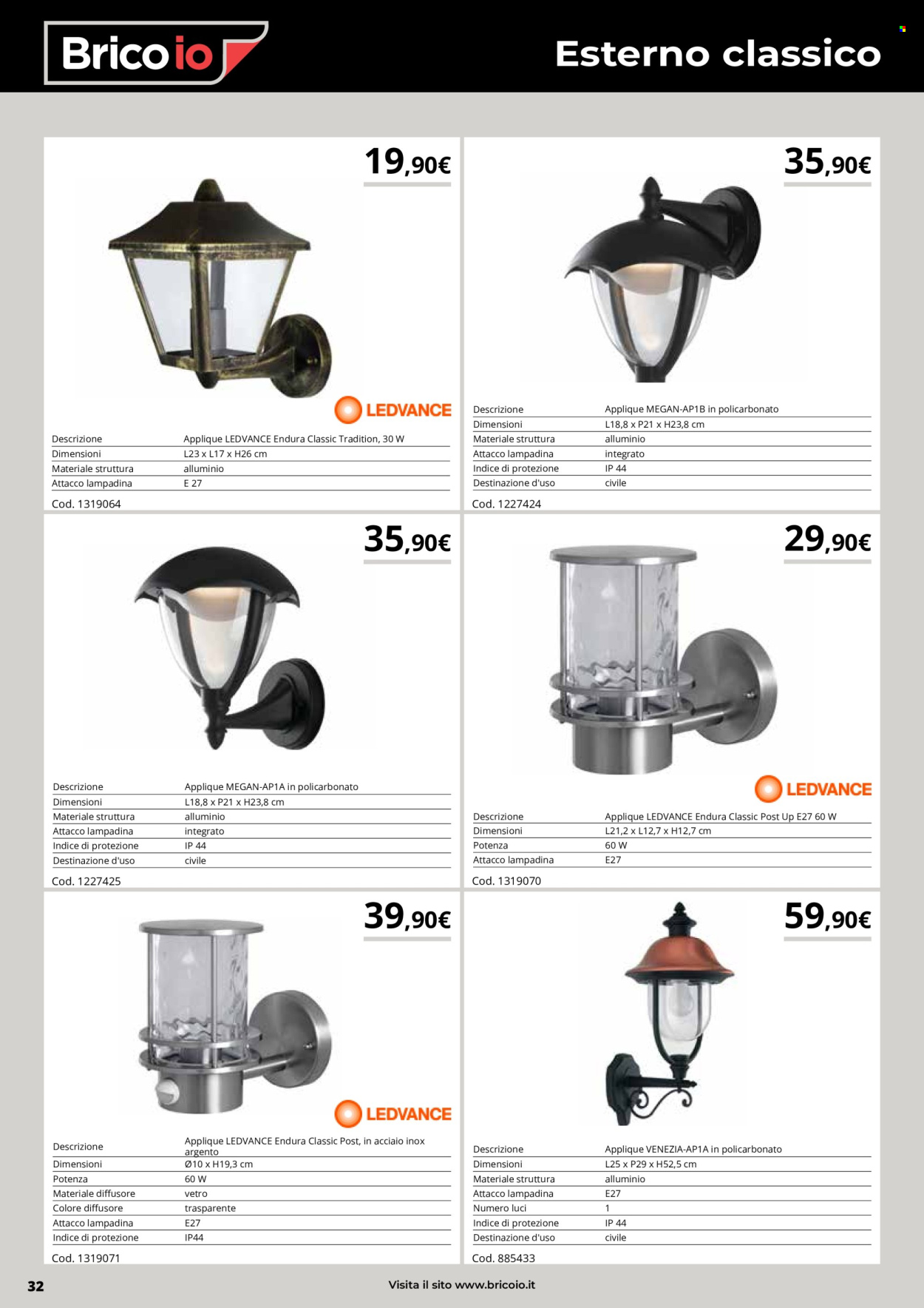 thumbnail - Volantino Brico io - Prodotti in offerta - diffusore, lampadina, applique. Pagina 32.