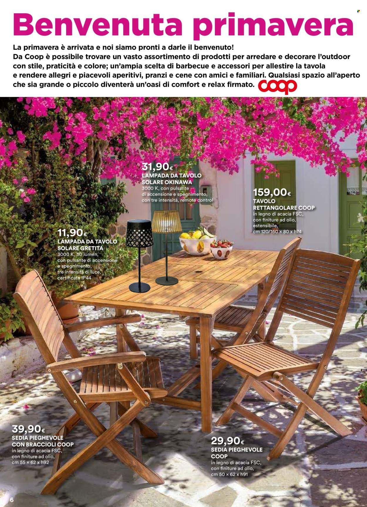 thumbnail - Volantino Coop - 2/4/2024 - 1/5/2024 - Prodotti in offerta - tavolo rettangolare, sedia, sedia pieghevole, lampada, lampada da tavolo, barbecue. Pagina 6.