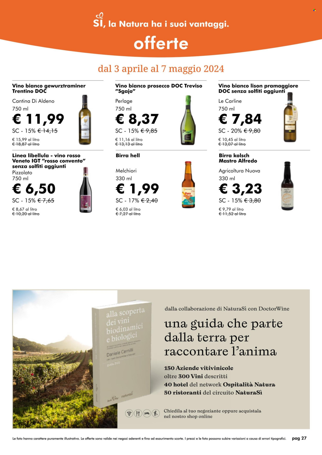 thumbnail - Volantino Natura Sì - 3/4/2024 - 2/7/2024 - Prodotti in offerta - birra, bevanda alcolica, vino bianco, Prosecco, vino. Pagina 27.