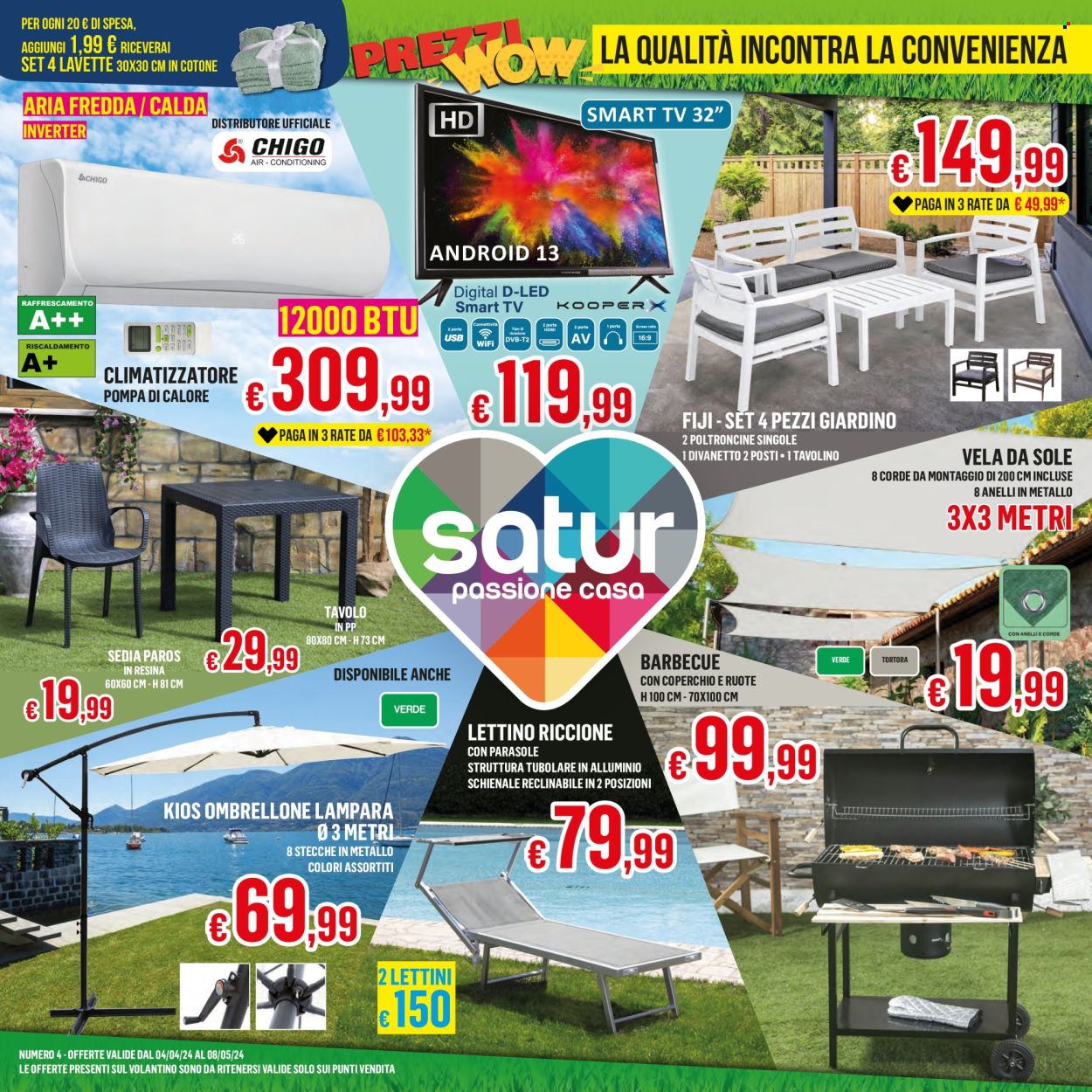 thumbnail - Volantino Satur - 4/4/2024 - 8/5/2024 - Prodotti in offerta - lavetta, climatizzatore, ombrellone, barbecue. Pagina 1.