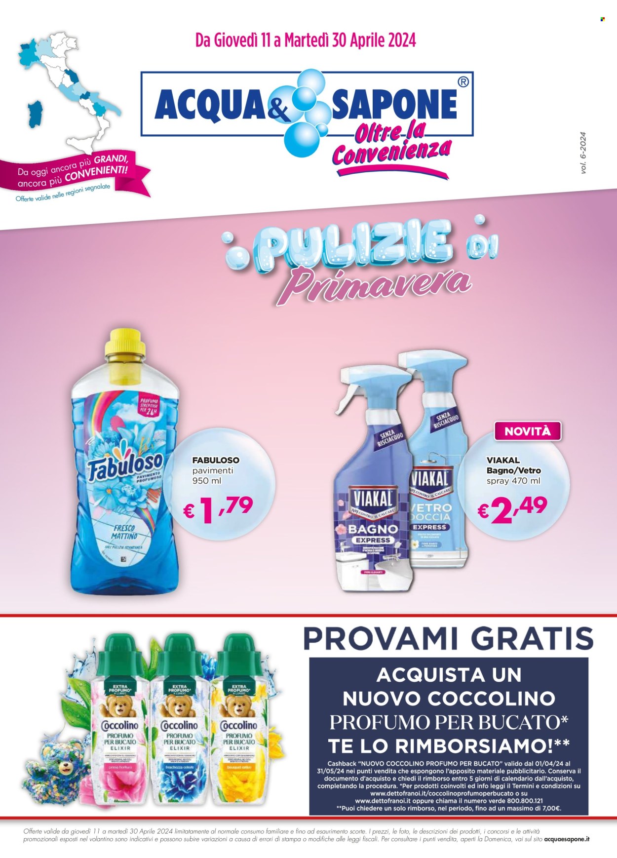 thumbnail - Volantino Acqua & Sapone - 11/4/2024 - 30/4/2024 - Prodotti in offerta - Fabuloso, Viakal, Coccolino, profumo per il bucato, sapone. Pagina 1.