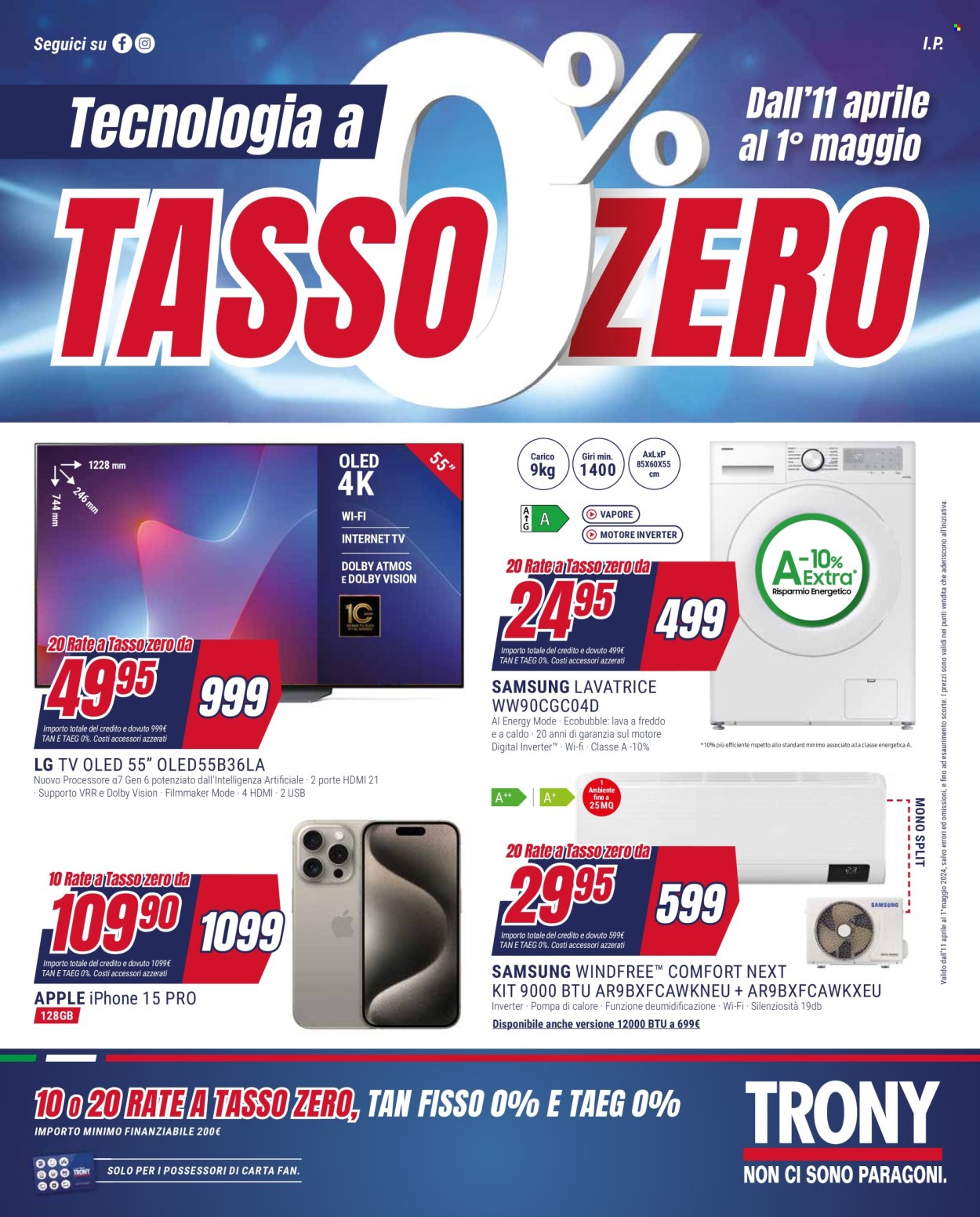 thumbnail - Volantino Trony - 11/4/2024 - 1/5/2024 - Prodotti in offerta - LG, Apple, Samsung, iPhone, EcoBubble, lavatrice. Pagina 1.