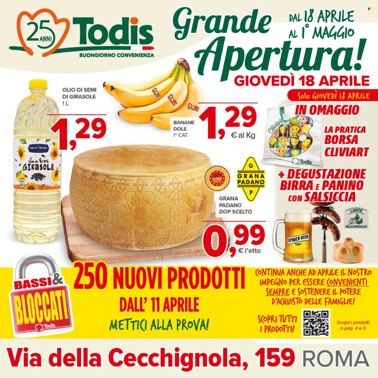 thumbnail - Volantino Todis - 18/4/2024 - 1/5/2024 - Prodotti in offerta - birra, bevanda alcolica, banane, formaggio, Grana Padano, olio, olio di girasole, borsa. Pagina 1.