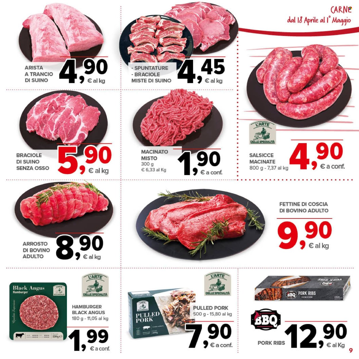 thumbnail - Volantino Todis - 18/4/2024 - 1/5/2024 - Prodotti in offerta - salsiccia, carne macinata, hamburger, arista, braciole di maiale, pulled pork. Pagina 9.