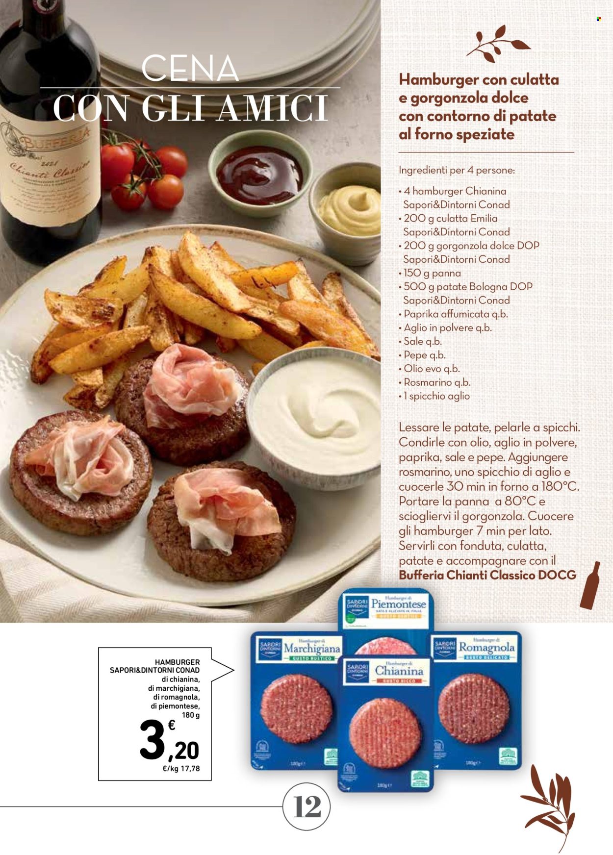 thumbnail - Volantino Conad Superstore - 18/4/2024 - 12/5/2024 - Prodotti in offerta - hamburger, patate al forno, gorgonzola, dolce, rosmarino, Chianti, vino. Pagina 12.