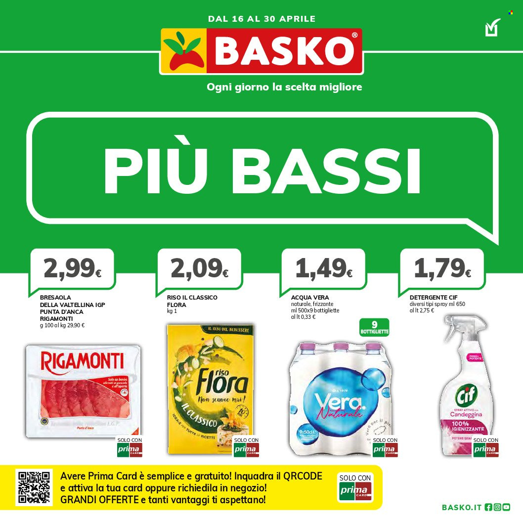 thumbnail - Volantino Basko - 16/4/2024 - 30/4/2024 - Prodotti in offerta - bresaola, riso, candeggina, Cif, detergente, igienizzante. Pagina 1.