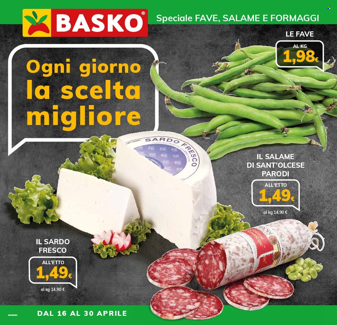 thumbnail - Volantino Basko - 16/4/2024 - 30/4/2024 - Prodotti in offerta - fave, salame, Angelo Parodi. Pagina 1.