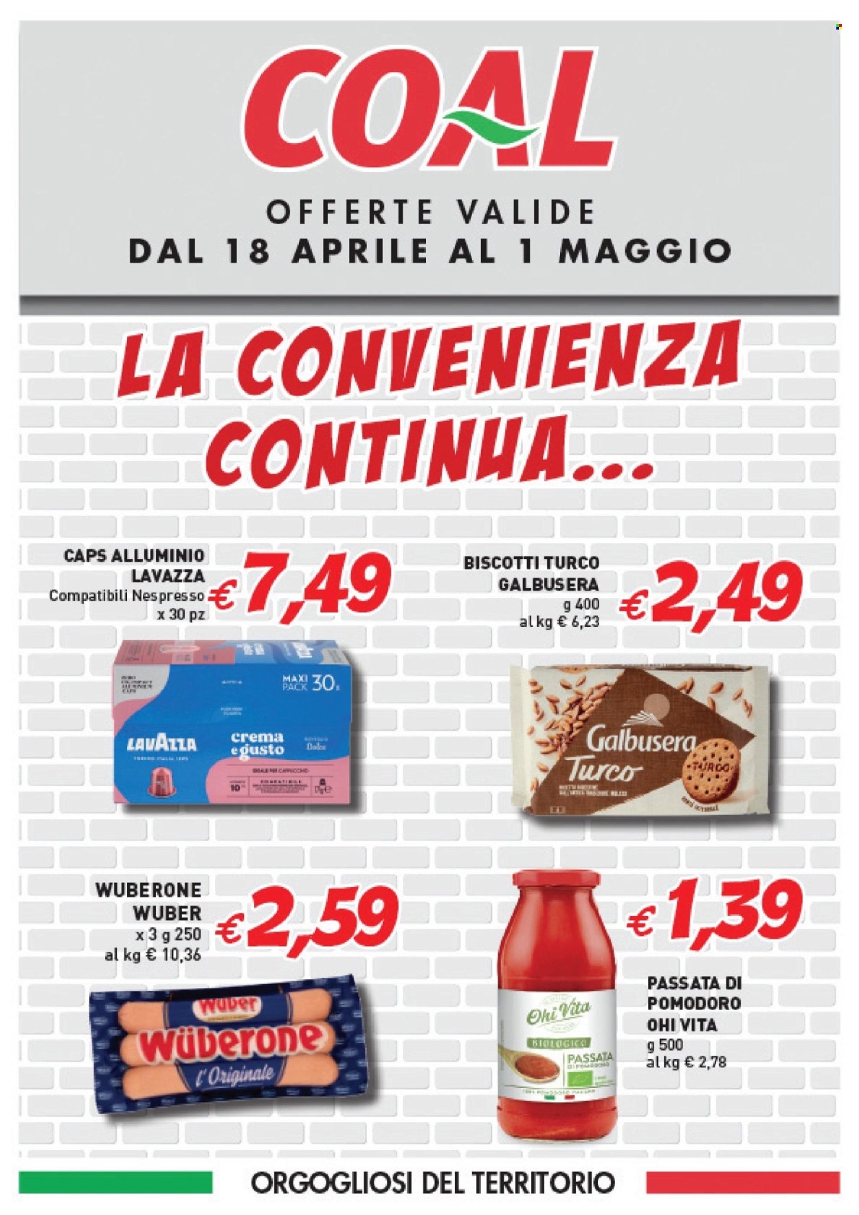 thumbnail - Volantino COAL - 18/4/2024 - 1/5/2024 - Prodotti in offerta - würstel, Wüberone, biscotti, passata di pomodoro, Lavazza, caffè in capsule. Pagina 1.