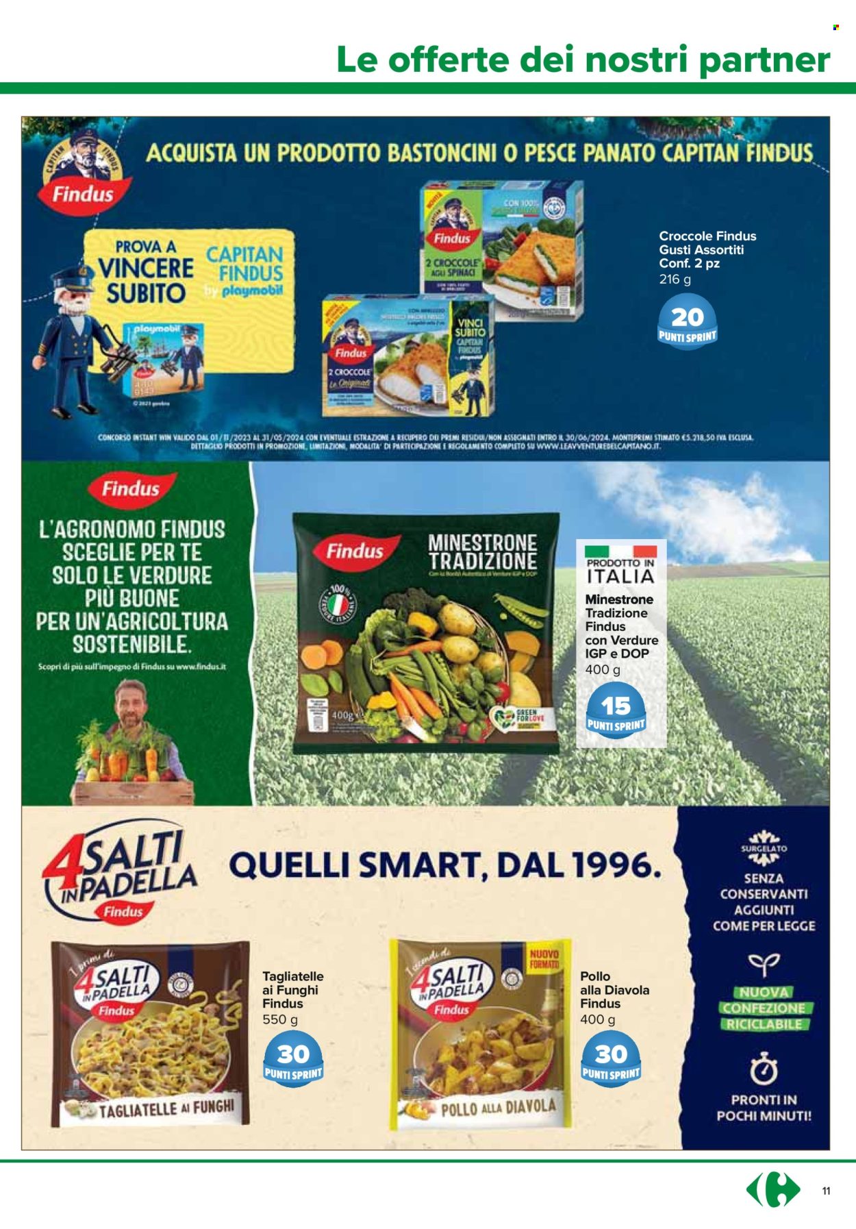 thumbnail - Volantino Carrefour - 18/4/2024 - 5/5/2024 - Prodotti in offerta - spinaci, Findus, bastoncini, minestrone, 4 Salti in Padella, tagliatelle. Pagina 11.