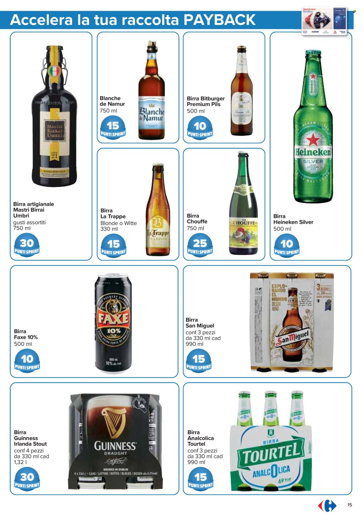 thumbnail - Volantino Carrefour - 18/4/2024 - 15/5/2024 - Prodotti in offerta - Heineken, birra, birra tipo pilsner, Guinness, Tourtel, birra analcolica, San Miguel, Blanche de Namur, Heineken Silver, bevanda alcolica. Pagina 15.