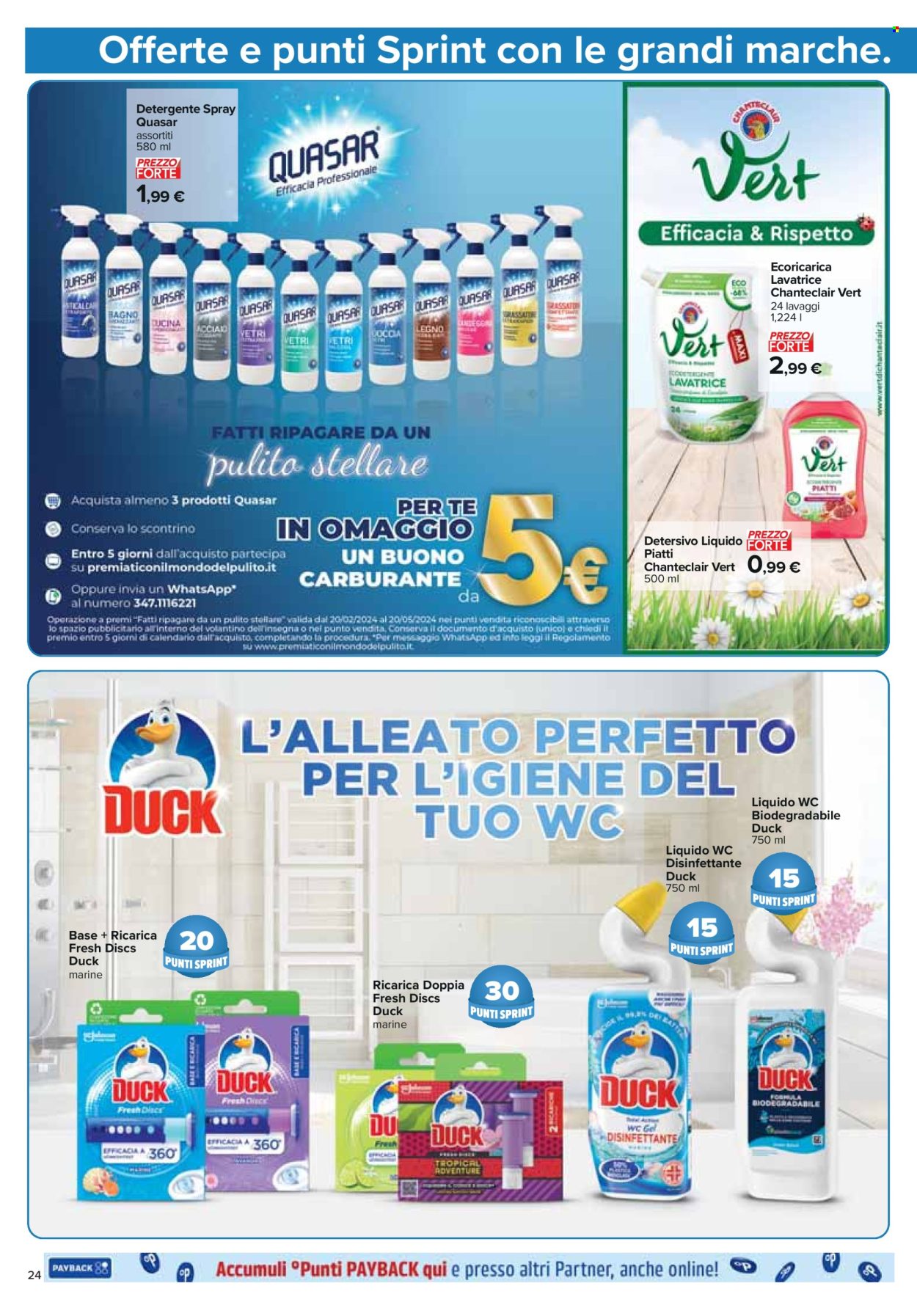 thumbnail - Volantino Carrefour - 18/4/2024 - 15/5/2024 - Prodotti in offerta - Duck, Quasar, Chante Clair, detergente WC, detergente spray, doccia. Pagina 24.