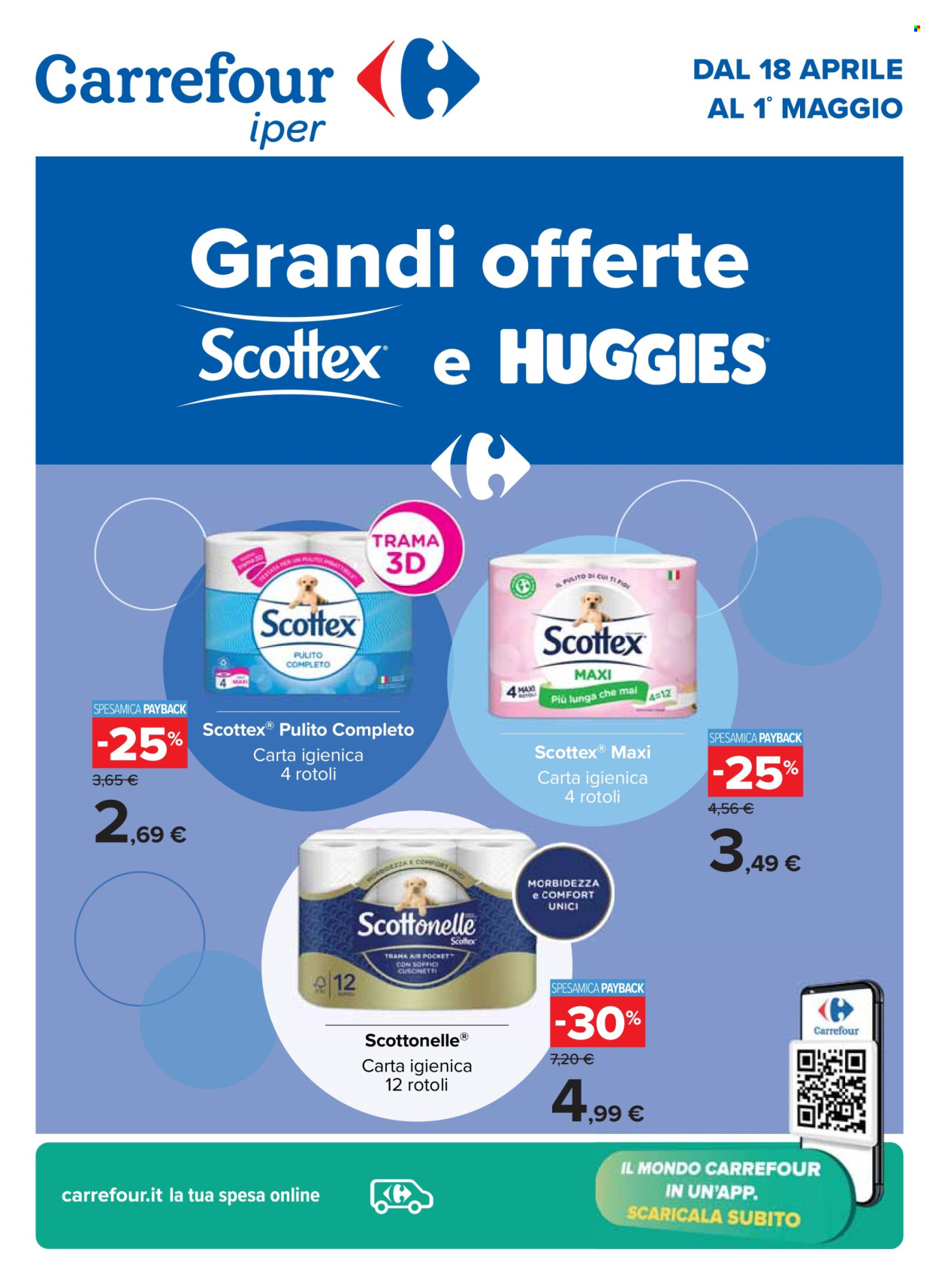 thumbnail - Volantino Carrefour - 18/4/2024 - 1/5/2024 - Prodotti in offerta - Huggies, carta igienica, Scottex. Pagina 1.