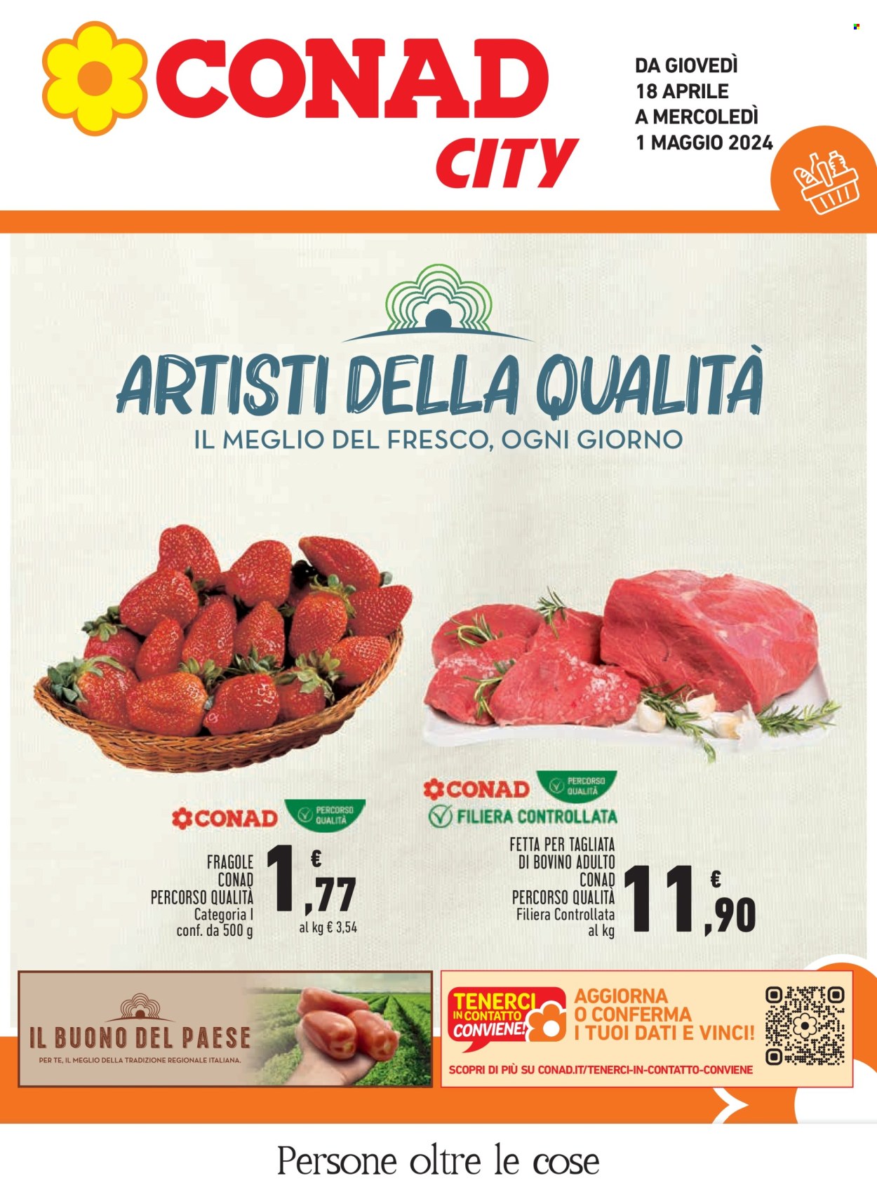 thumbnail - Volantino Conad - 18/4/2024 - 1/5/2024 - Prodotti in offerta - fragole, manzo, tagliata. Pagina 1.