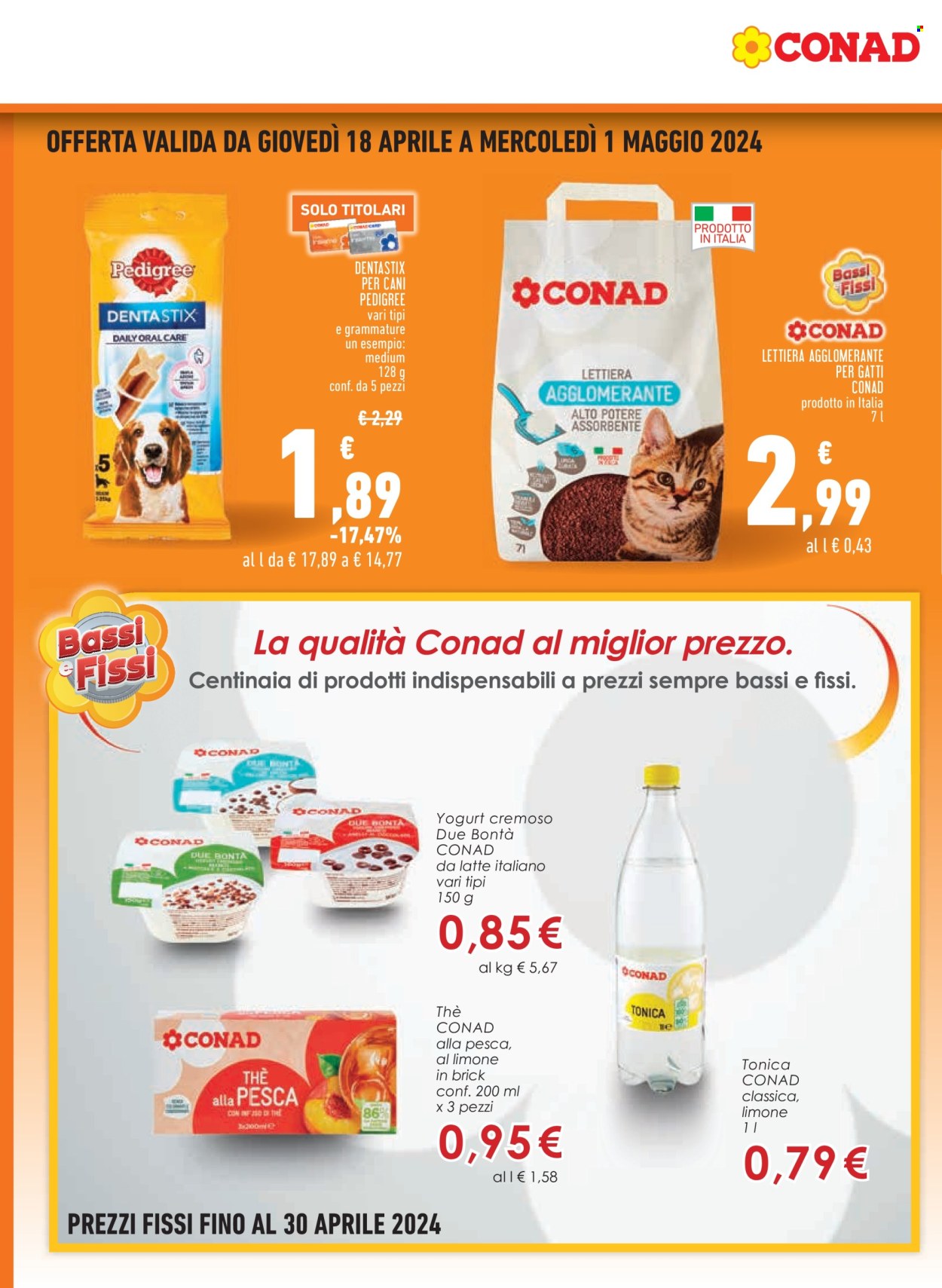 thumbnail - Volantino Conad - 18/4/2024 - 1/5/2024 - Prodotti in offerta - yogurt, acqua tonica, bibita gassata, caffè freddo, lettiera, Pedigree, Dentastix. Pagina 16.