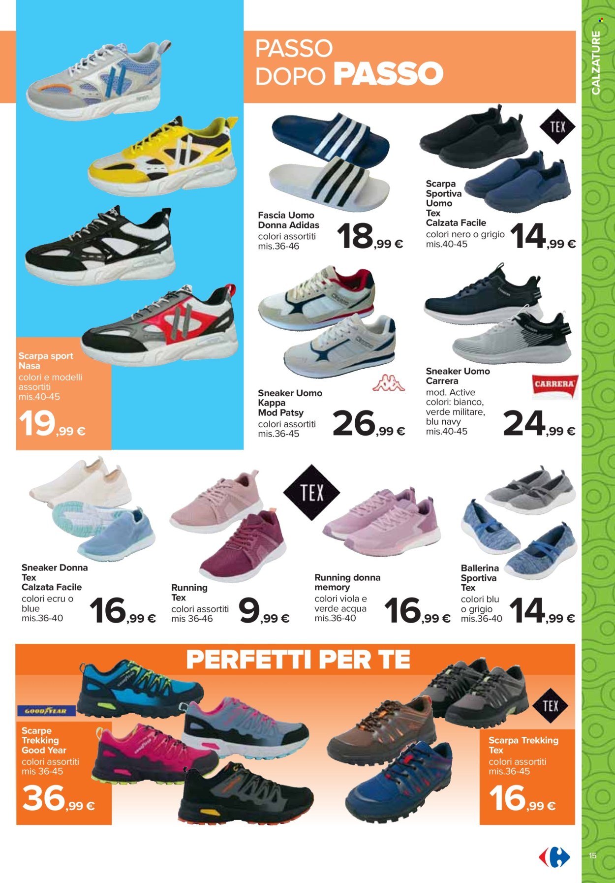 thumbnail - Volantino Carrefour - 18/4/2024 - 19/5/2024 - Prodotti in offerta - Adidas, Carrera, Kappa, scarpe, Goodyear. Pagina 15.
