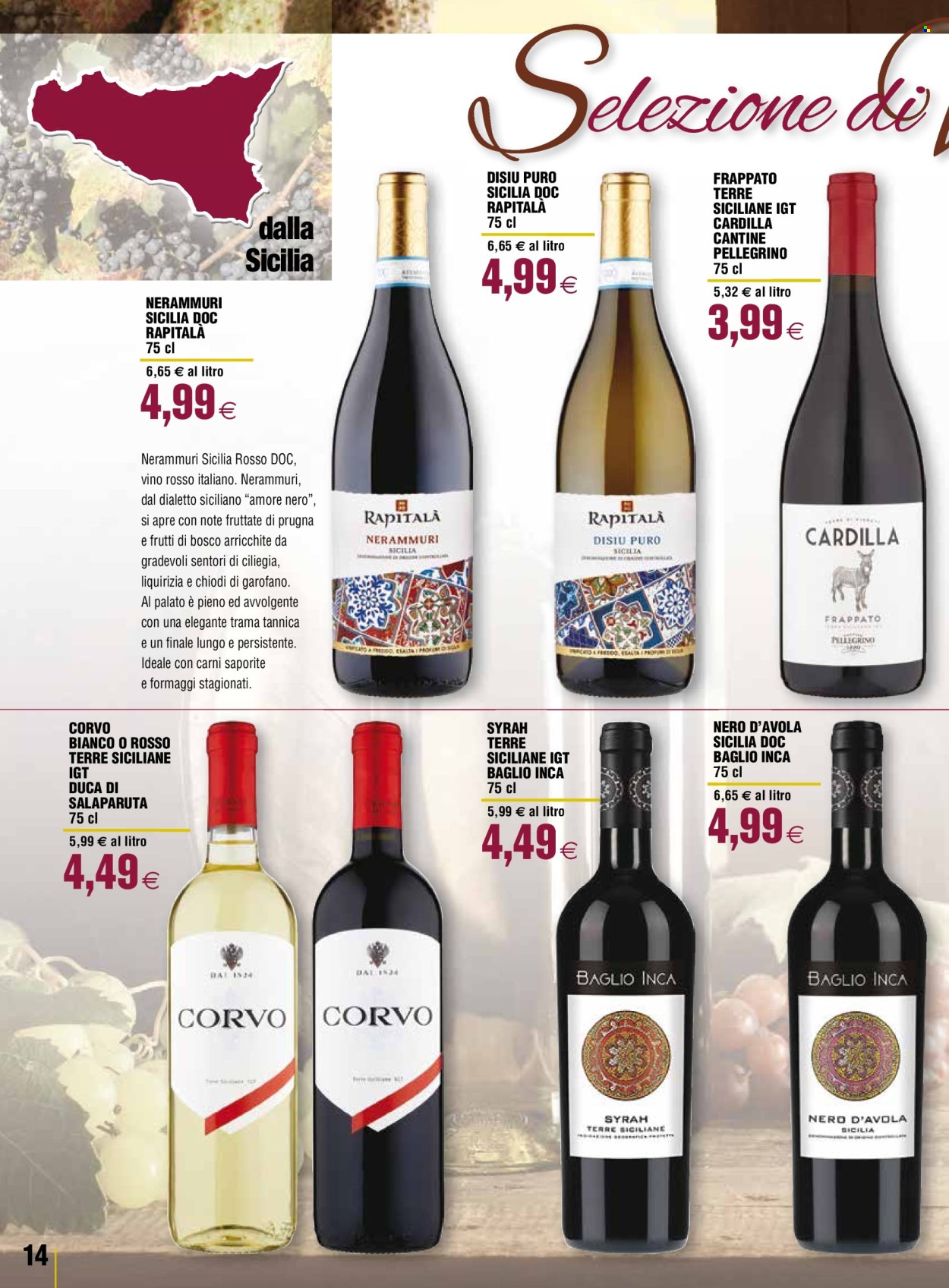thumbnail - Volantino Coop - 18/4/2024 - 15/5/2024 - Prodotti in offerta - bevanda alcolica, Corvo, Duca di Salaparuta, Pellegrino, vino rosso, Nero d'Avola, vino. Pagina 14.