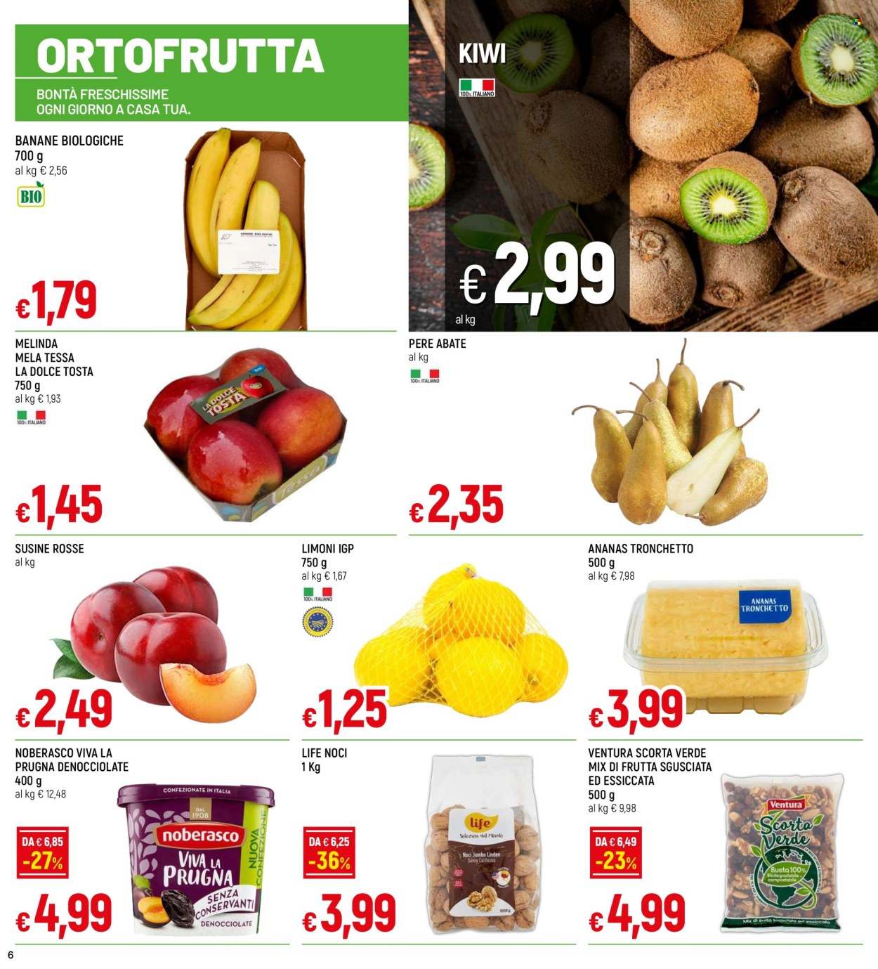 thumbnail - Volantino Galassia - 18/4/2024 - 1/5/2024 - Prodotti in offerta - banane, limoni, ananas, pere, kiwi, susine, dolce, prugne secche, noci, busta. Pagina 6.
