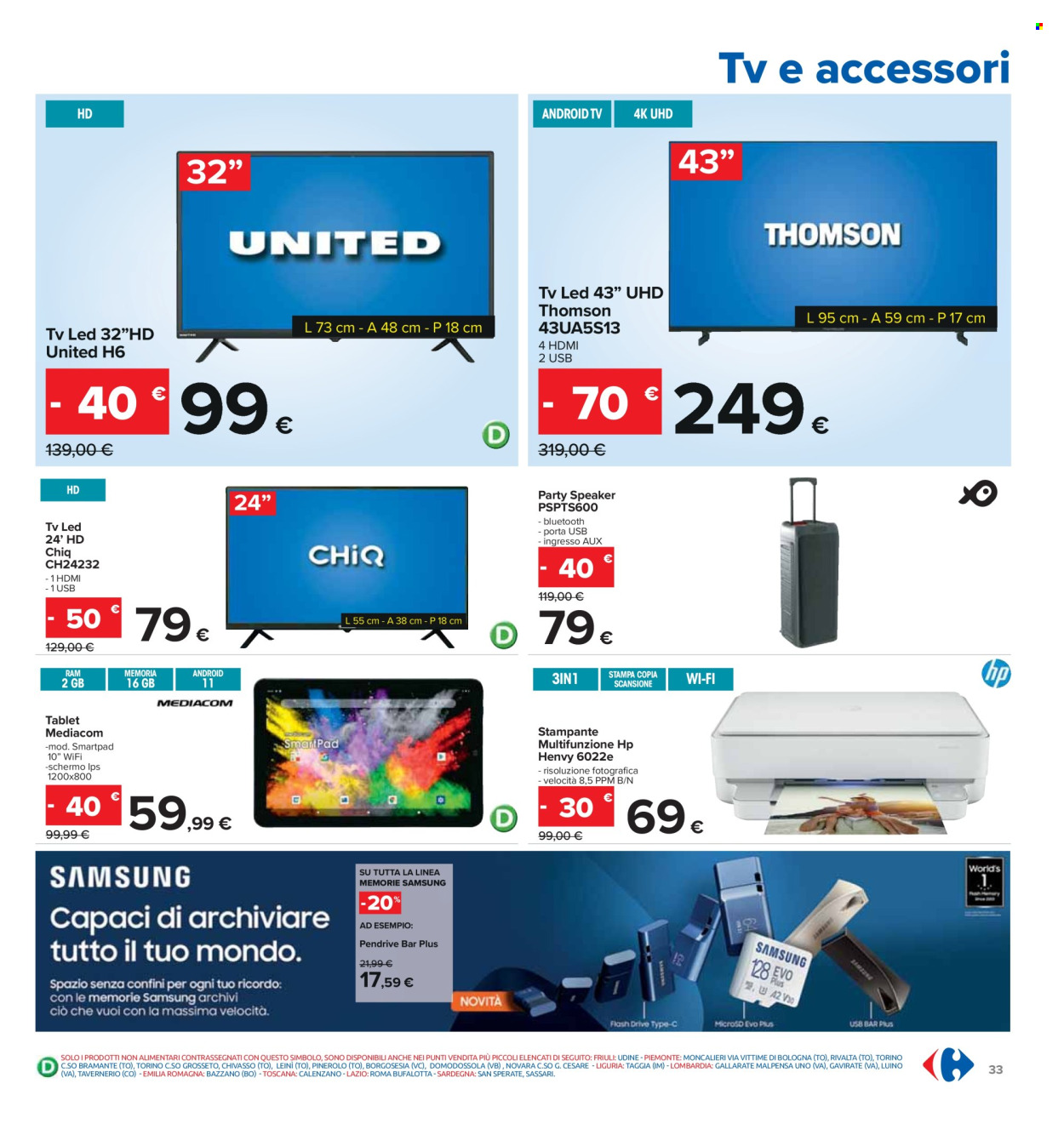 thumbnail - Volantino Carrefour - 18/4/2024 - 1/5/2024 - Prodotti in offerta - Thomson, tablet, Samsung, Android TV, LED TV, televisore, speaker, stampante. Pagina 33.