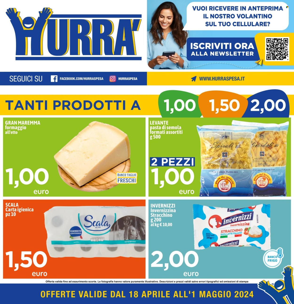 thumbnail - Volantino Hurrà Discount - 18/4/2024 - 1/5/2024 - Prodotti in offerta - formaggio, stracchino, Invernizzi, carta igienica. Pagina 1.