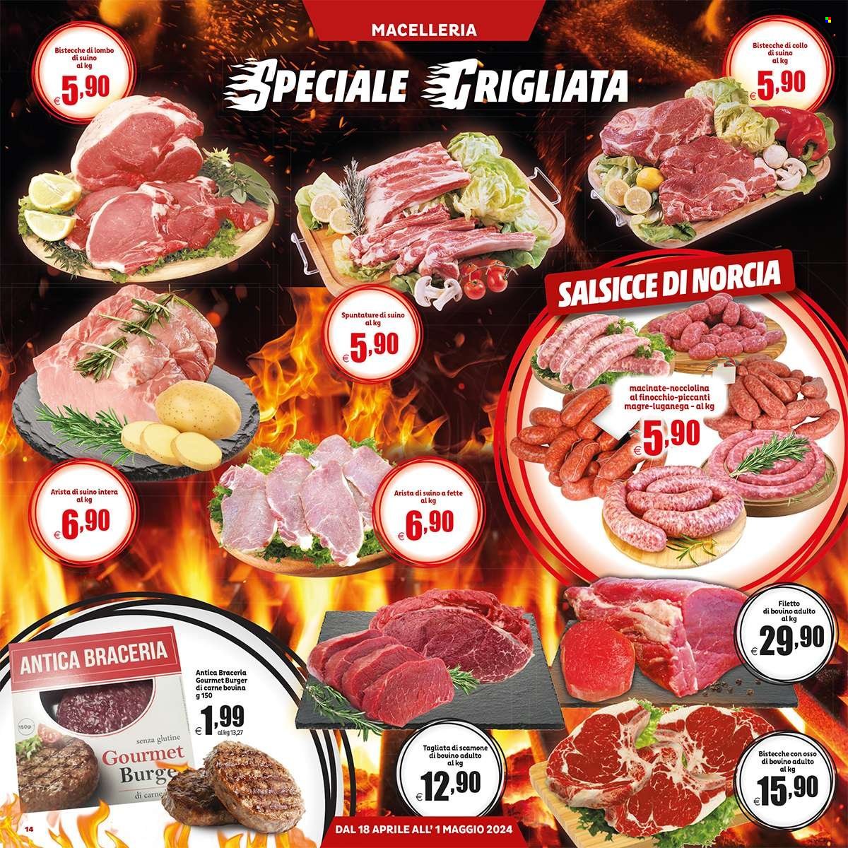 thumbnail - Volantino Elite Supermercati - 18/4/2024 - 1/5/2024 - Prodotti in offerta - bistecca, filetto di bovino, manzo, bistecca di manzo, tagliata, salsiccia, hamburger, arista, suino, lombo di suino. Pagina 14.