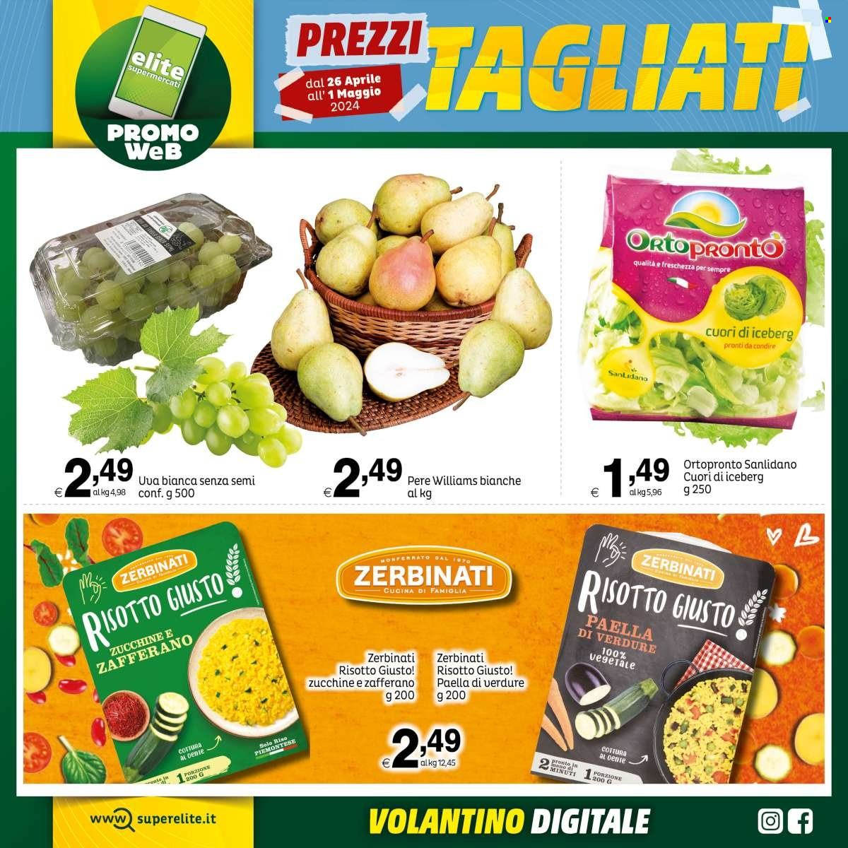 thumbnail - Volantino Elite Supermercati - 26/4/2024 - 1/5/2024 - Prodotti in offerta - cuori di iceberg, uva, pere, risotto, paella, riso, zafferano. Pagina 9.