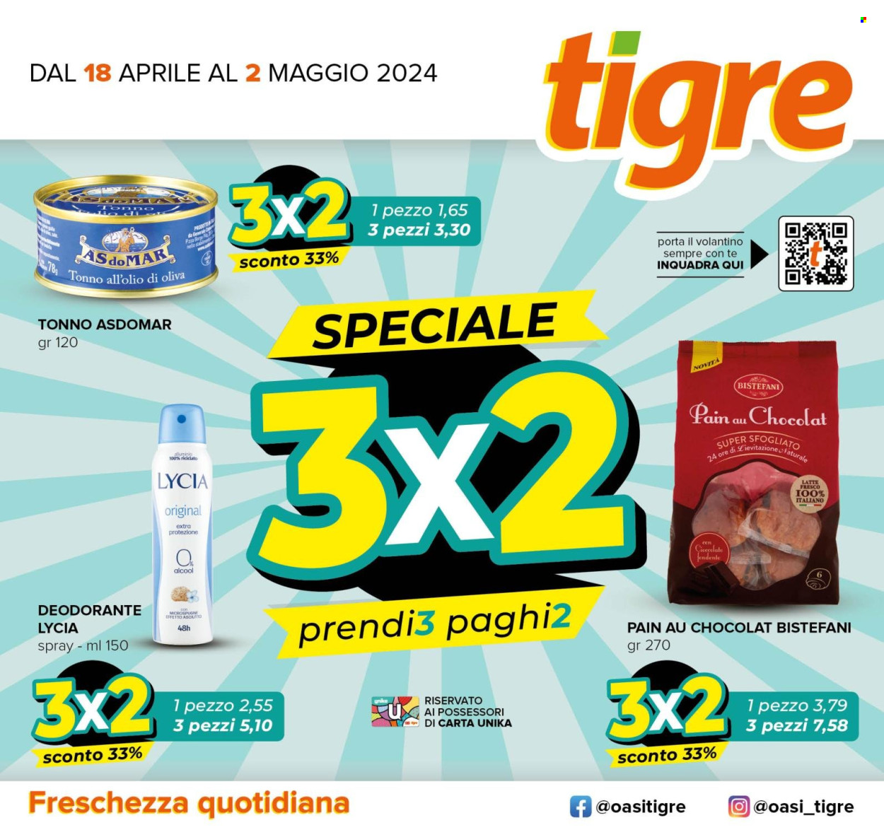 thumbnail - Volantino Tigre - 18/4/2024 - 2/5/2024 - Prodotti in offerta - tonno, latte, tonno sott'olio, AsdoMAR, General, Lycia, deodorante. Pagina 1.