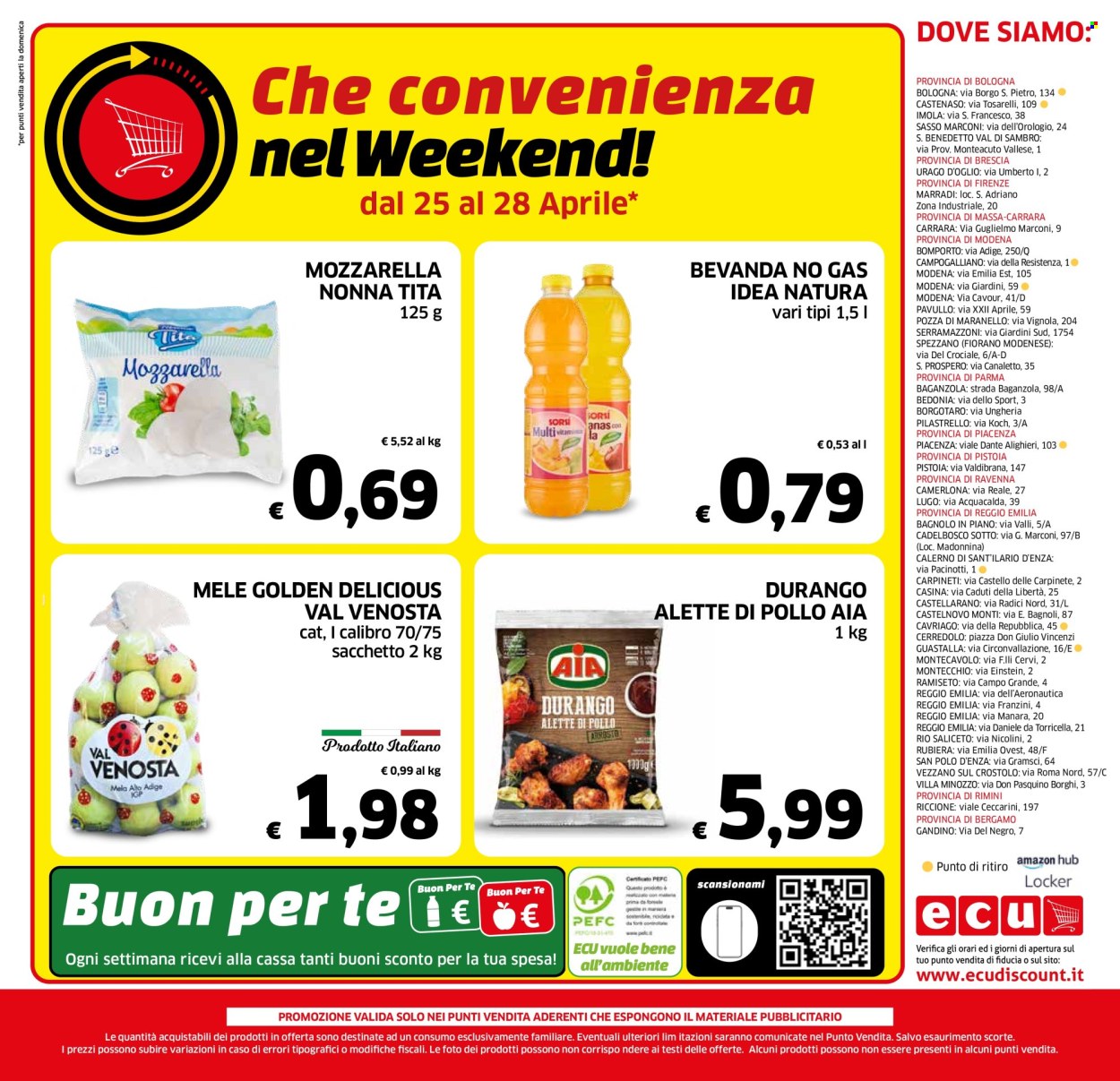 thumbnail - Volantino ECU Discount - 17/4/2024 - 1/5/2024 - Prodotti in offerta - Golden Delicious, alette di pollo, AIA, formaggio, mozzarella. Pagina 12.