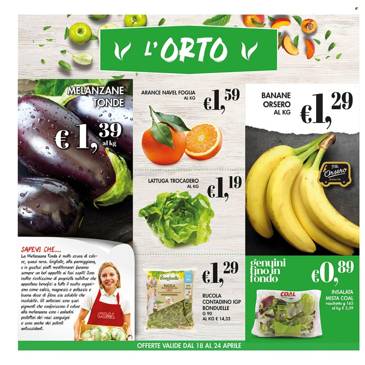 thumbnail - Volantino COAL - 18/4/2024 - 1/5/2024 - Prodotti in offerta - insalata mista, melanzane, Bonduelle, rucola, lattuga, banane, arance, arancie Navel, piatti, vaso, Magnesio. Pagina 2.