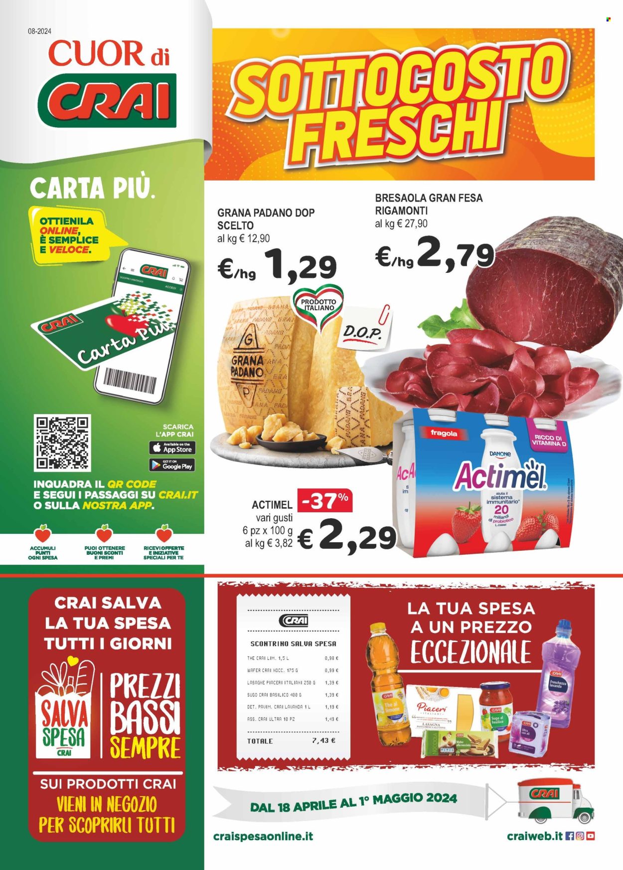 thumbnail - Volantino CRAI - 18/4/2024 - 1/5/2024 - Prodotti in offerta - sugo, lasagne, bresaola, formaggio, Grana Padano, Danone, Actimel, wafer, pasta fresca. Pagina 1.
