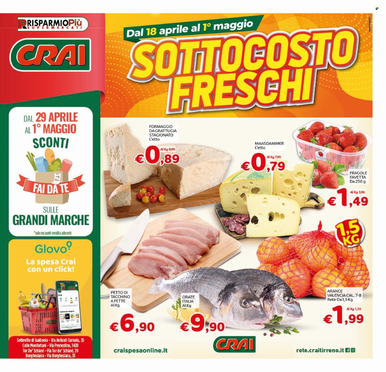 thumbnail - Volantino CRAI - 18/4/2024 - 1/5/2024 - Prodotti in offerta - arance, fragole, petto di tacchino, formaggio. Pagina 1.