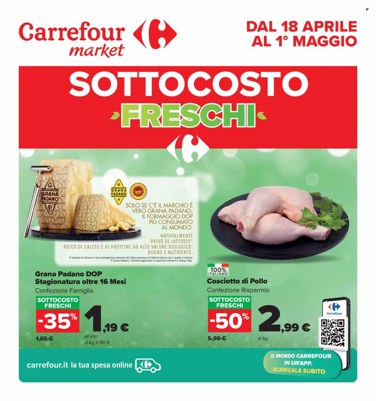 thumbnail - Volantino Carrefour - 18/4/2024 - 1/5/2024 - Prodotti in offerta - cosce di pollo, formaggio, Grana Padano. Pagina 1.