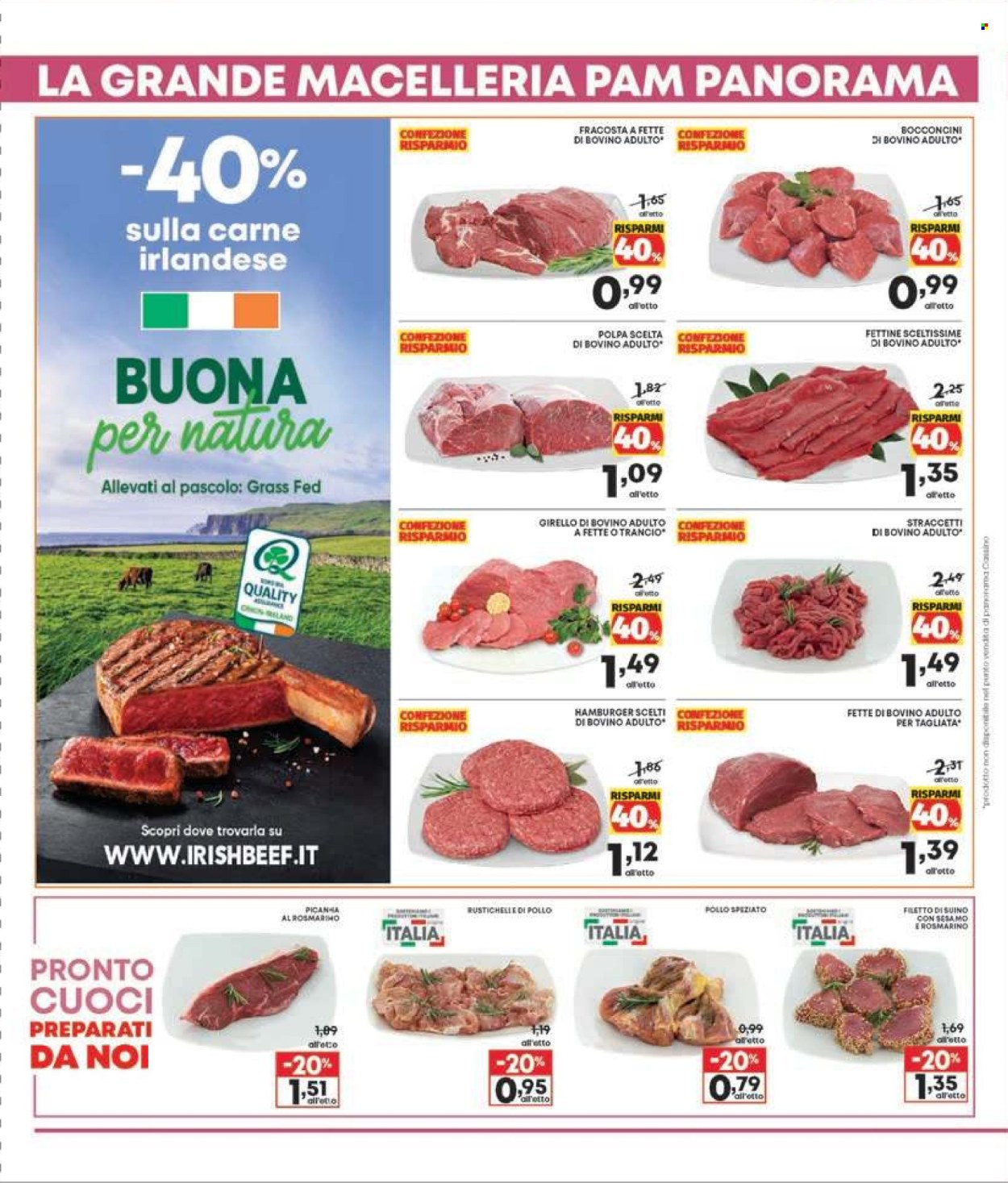 thumbnail - Volantino Panorama - 18/4/2024 - 15/5/2024 - Prodotti in offerta - bocconcini, manzo, girello di bovino, fettine di bovino, tagliata, hamburger, filetto di suino, suino. Pagina 25.