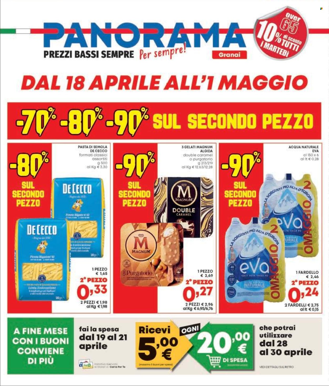 thumbnail - Volantino Panorama - 18/4/2024 - 15/5/2024 - Prodotti in offerta - gelato, Magnum, Algida, De Cecco, pasta, penne, La Sorgente, acqua naturale. Pagina 32.