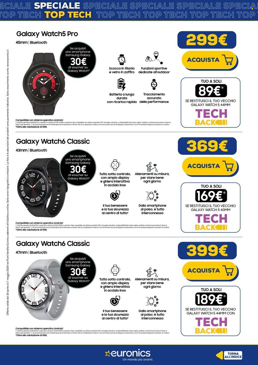 thumbnail - Volantino Euronics - 18/4/2024 - 1/5/2024 - Prodotti in offerta - Samsung Galaxy, Samsung, Samsung Watch, ghiera. Pagina 9.
