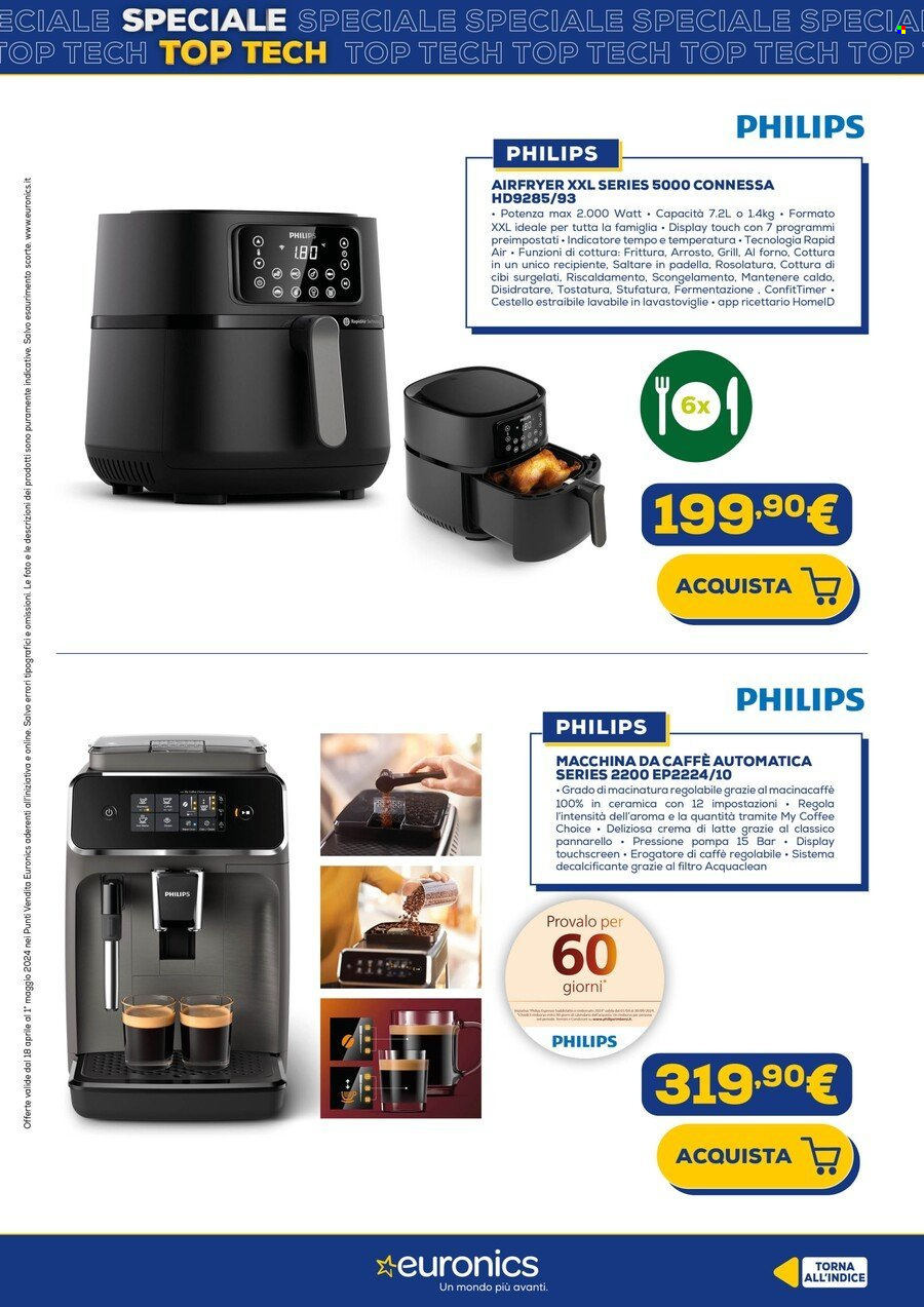 thumbnail - Volantino Euronics - 18/4/2024 - 1/5/2024 - Prodotti in offerta - Philips, macinacaffe, macchina per caffé, friggitrice ad aria. Pagina 37.