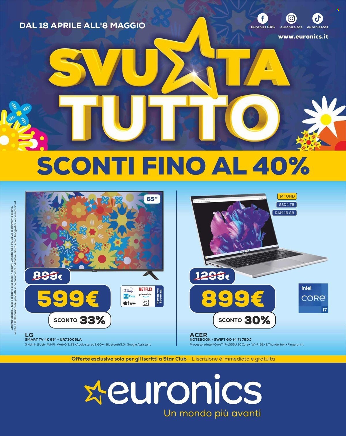 thumbnail - Volantino Euronics - 18/4/2024 - 8/5/2024 - Prodotti in offerta - Acer, LG, notebook, Intel, Smart TV, televisore. Pagina 1.