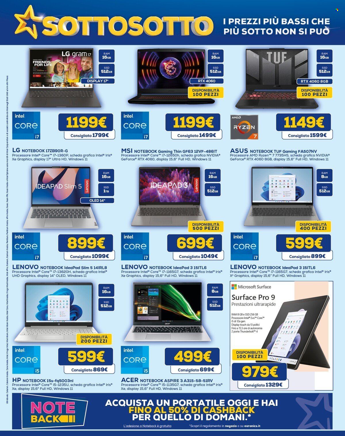 thumbnail - Volantino Euronics - 18/4/2024 - 8/5/2024 - Prodotti in offerta - Acer, LG, Hewlett-Packard, Asus, Lenovo, notebook, notebook gaming, nVidia, Intel, Ultra HD. Pagina 7.