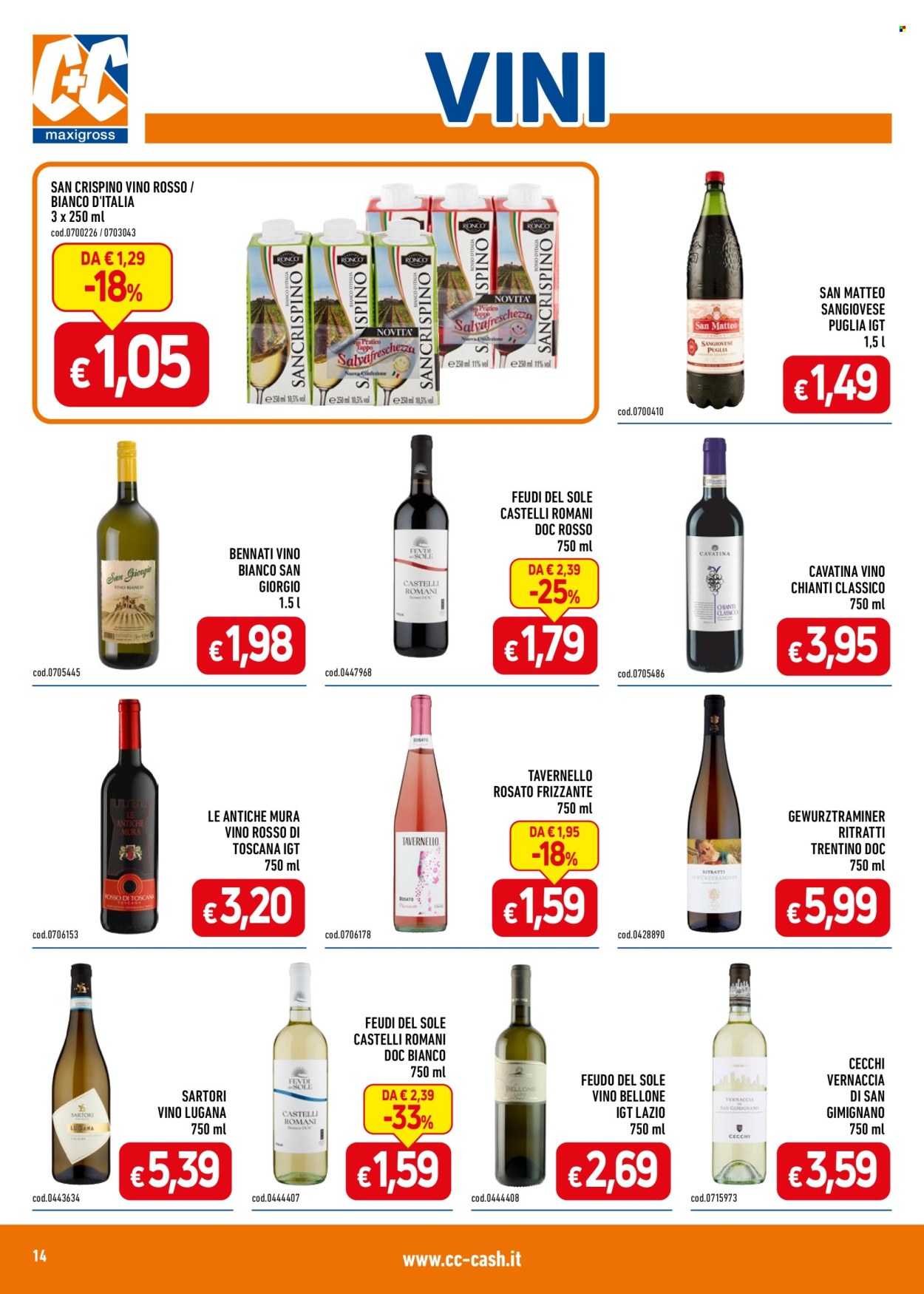 thumbnail - Volantino C+C Cash & Carry - 22/4/2024 - 5/5/2024 - Prodotti in offerta - bevanda alcolica, vino bianco, vino rosso, Tavernello, Chianti, vino, Sangiovese, Lugana. Pagina 14.