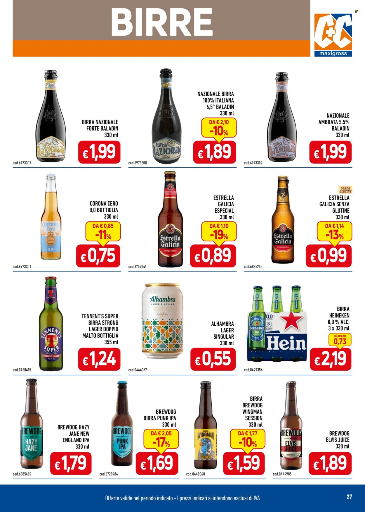 thumbnail - Volantino C+C Cash & Carry - 22/4/2024 - 19/5/2024 - Prodotti in offerta - Heineken, birra, birra tipo IPA, birra tipo lager, Tennent's, Brewdog, Estrella Galicia, bevanda alcolica. Pagina 27.