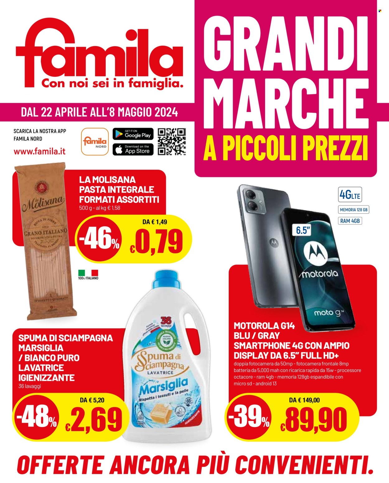 thumbnail - Volantino Famila - 22/4/2024 - 8/5/2024 - Prodotti in offerta - pasta, pasta integrale, Spuma di Sciampagna, Motorola, smartphone. Pagina 1.