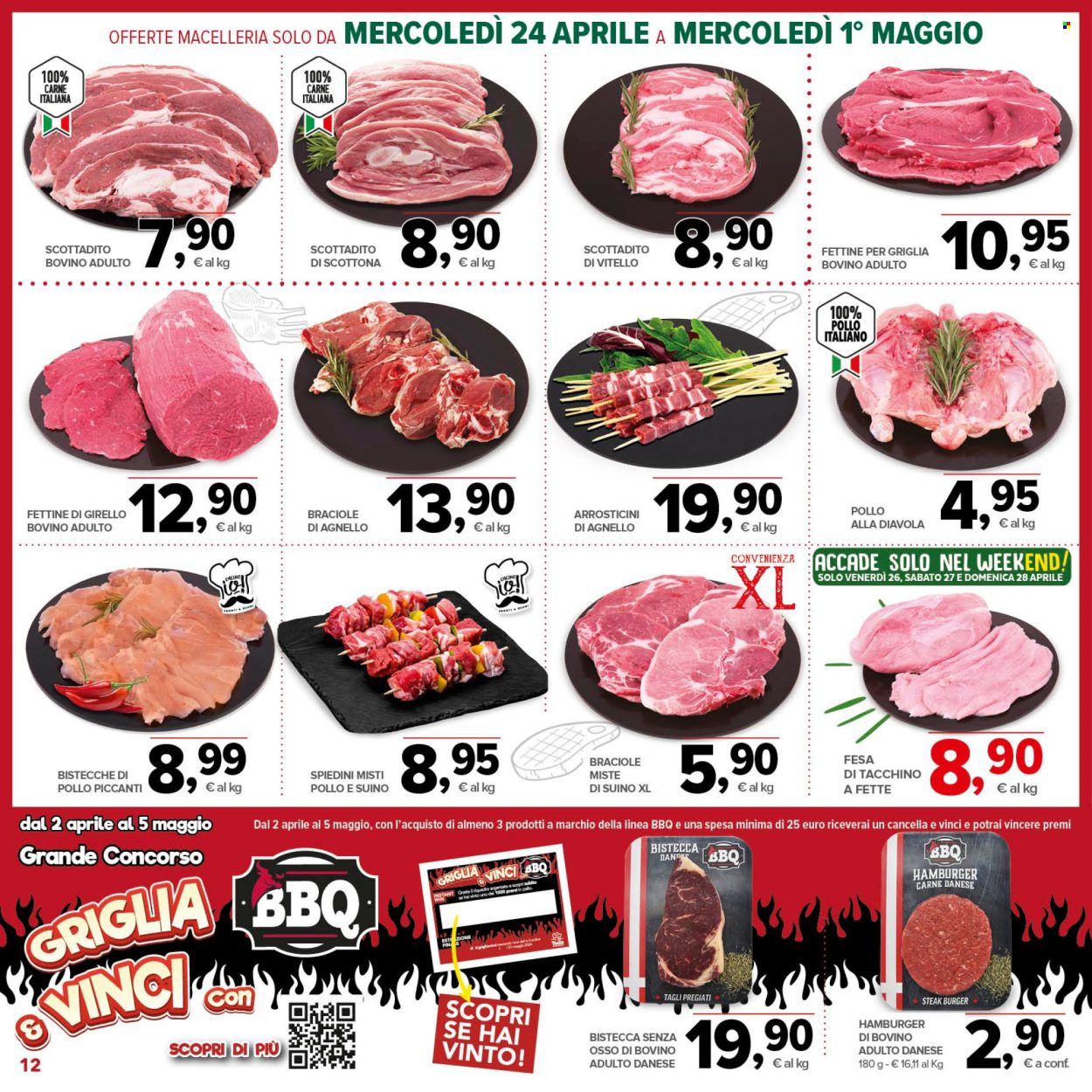 thumbnail - Volantino Todis - 24/4/2024 - 5/5/2024 - Prodotti in offerta - bistecca, petto di tacchino, arrosticini, vitello, steak, girello di bovino, hamburger, braciole di agnello, spiedini. Pagina 12.