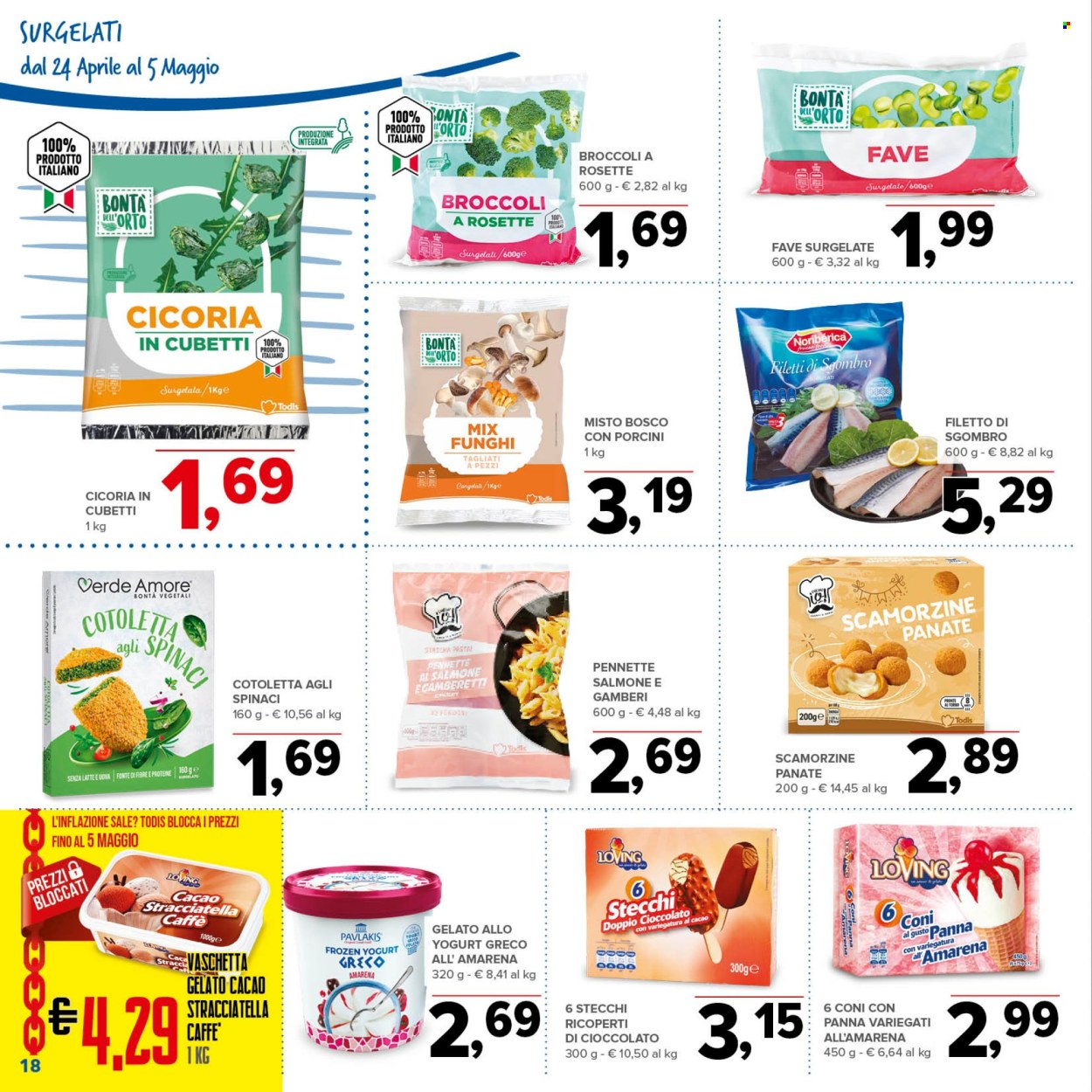 thumbnail - Volantino Todis - 24/4/2024 - 5/5/2024 - Prodotti in offerta - broccoli, cicoria, fave, sgombro, gelato, Frozen Yogurt, sale, pasta. Pagina 18.
