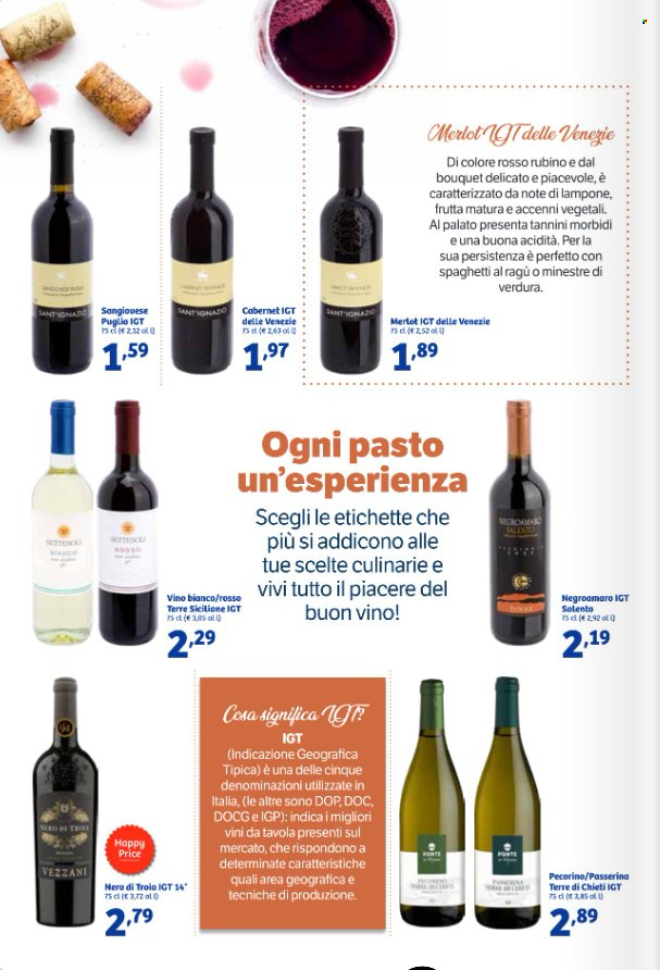 thumbnail - Volantino iN's Mercato - 24/4/2024 - 5/5/2024 - Prodotti in offerta - bevanda alcolica, ragù, formaggio, spaghetti, Cabernet, Merlot, vino bianco, vino rosso, Negroamaro, vino, Sangiovese, Nero di Troia. Pagina 6.