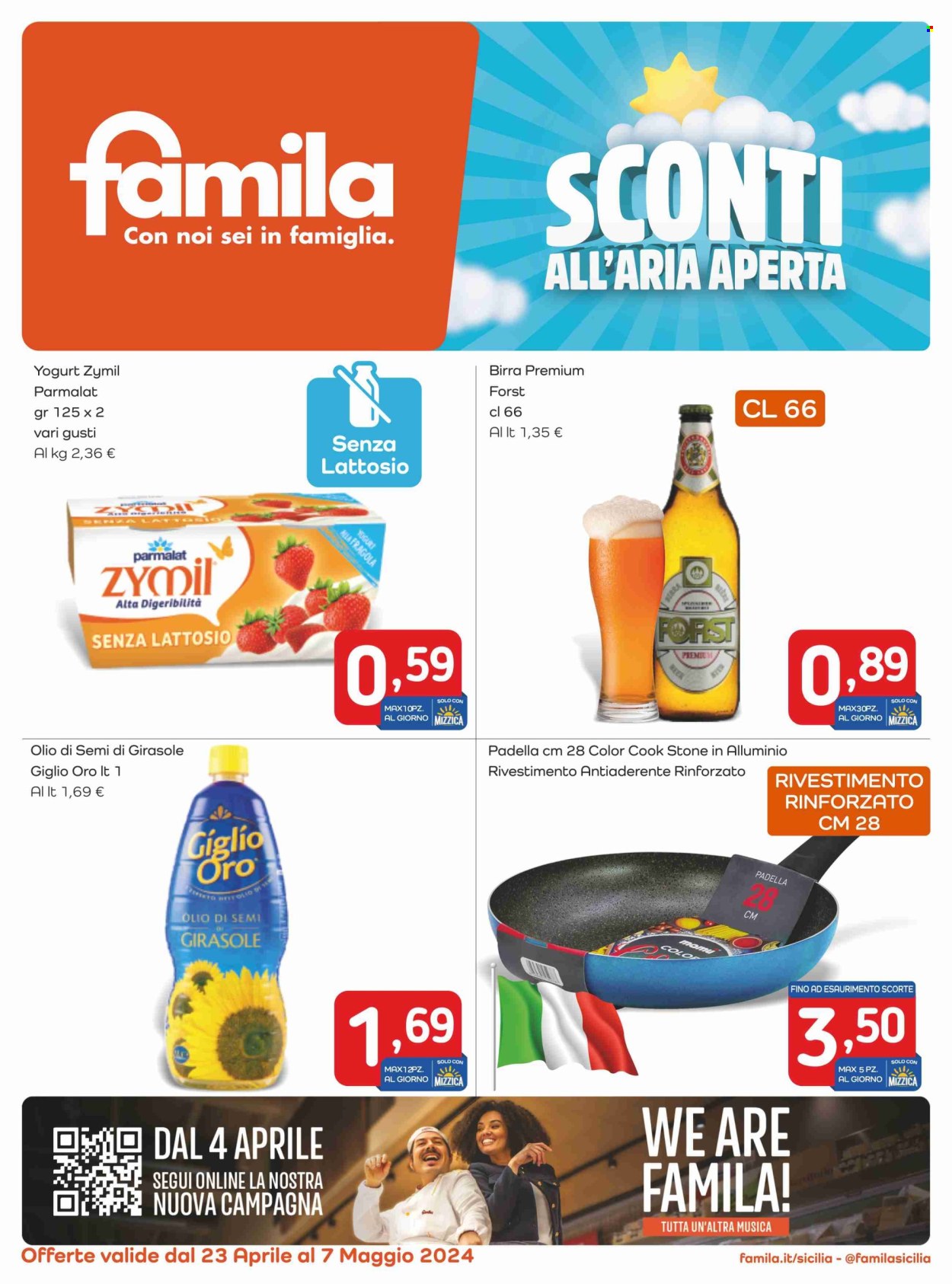 thumbnail - Volantino Famila - 23/4/2024 - 7/5/2024 - Prodotti in offerta - birra, bevanda alcolica, Parmalat, yogurt, Zymil, olio, olio di girasole, padella. Pagina 1.