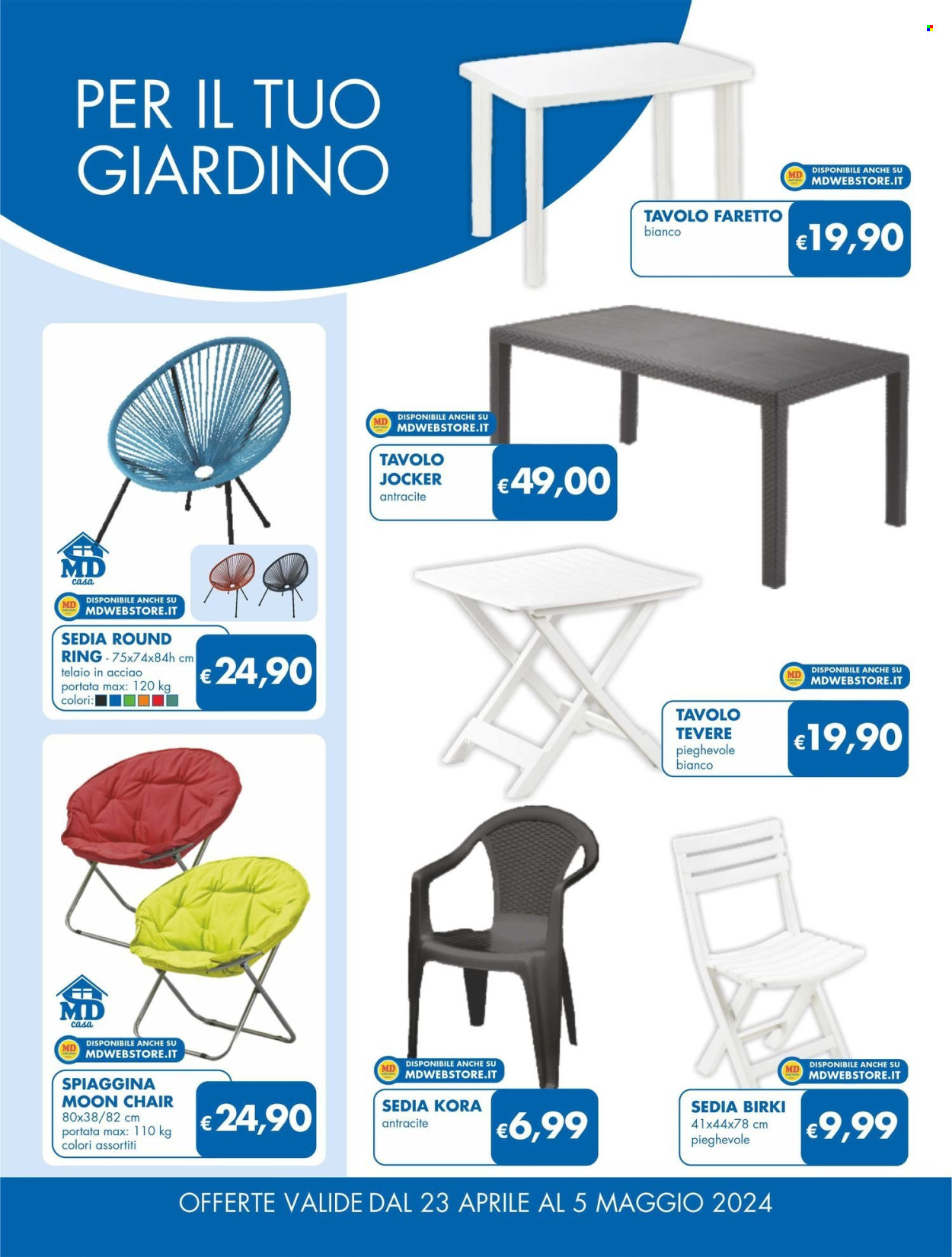 thumbnail - Volantino MD Discount - 23/4/2024 - 5/5/2024 - Prodotti in offerta - tavolo, faretto, sedia. Pagina 20.