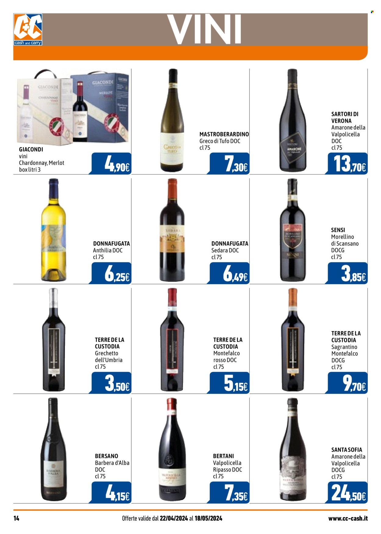 thumbnail - Volantino C+C Cash & Carry - 22/4/2024 - 18/5/2024 - Prodotti in offerta - Amarone della Valpolicella, Merlot, vino bianco, vino rosso, Valpolicella, Chardonnay, vino, Morellino. Pagina 14.
