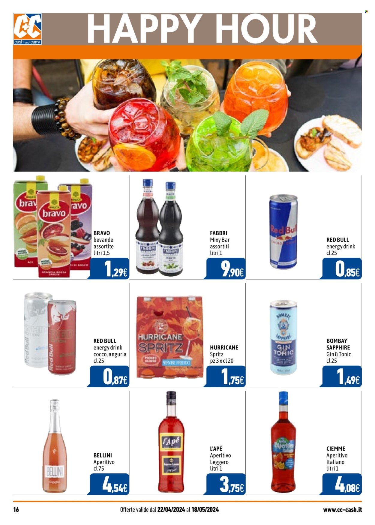 thumbnail - Volantino C+C Cash & Carry - 22/4/2024 - 18/5/2024 - Prodotti in offerta - anguria, cocco, Fabbri, energy drink, Red Bull, gin, Bombay Sapphire, aperitivo. Pagina 16.