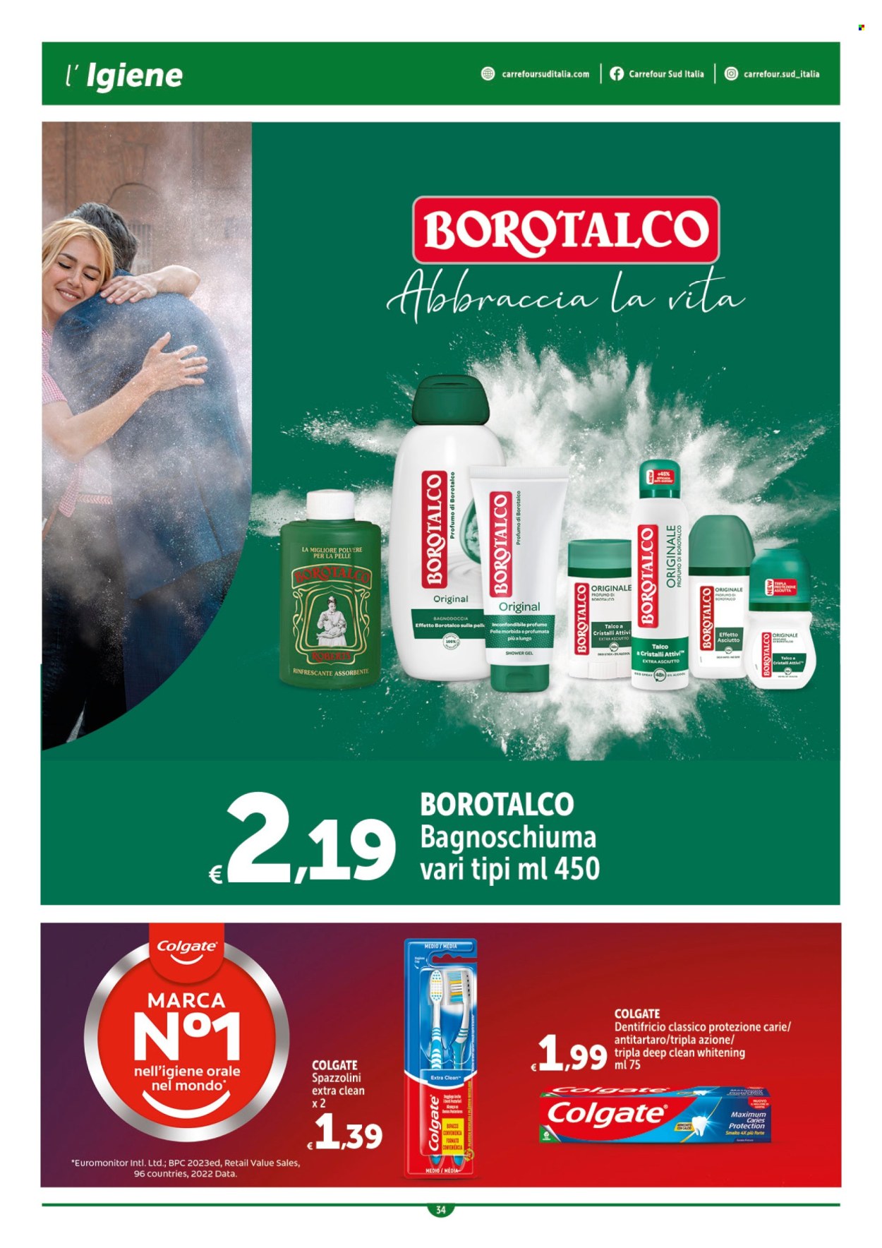 thumbnail - Volantino Carrefour - 25/4/2024 - 8/5/2024 - Prodotti in offerta - gel doccia, bagnoschiuma, Borotalco, Colgate, dentifricio, profumo. Pagina 34.